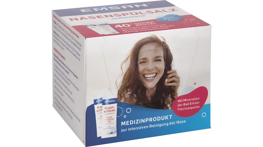 Emsan® Nasenspülsalz multimineral reinigt Ihre Nase auf gründliche und schonende Weise bei Schnupfen + Pollenallergie. 100 g