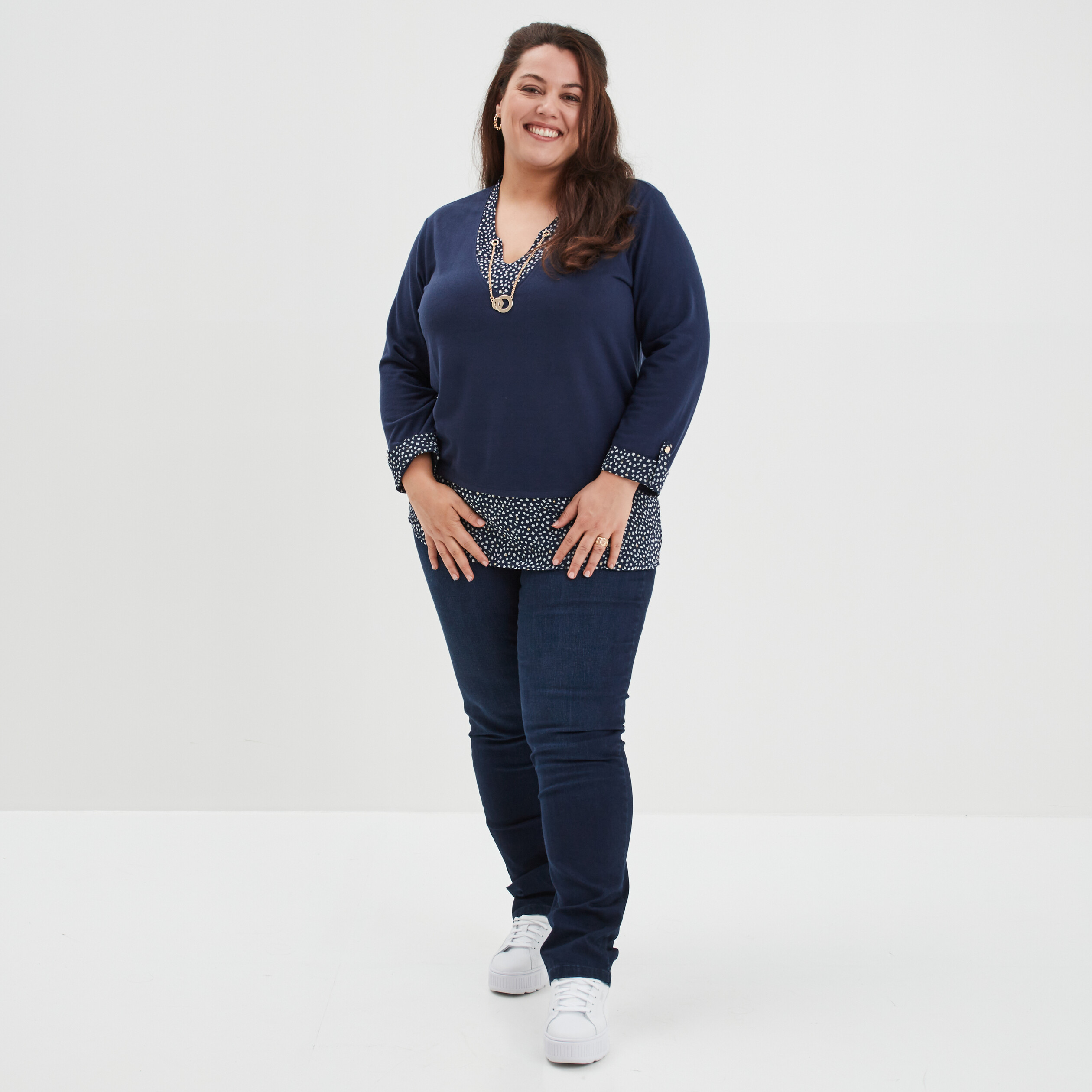 Pull col bijou effet 2-en-1 manches 3 4 bleu marine femme grande taille | La Halle