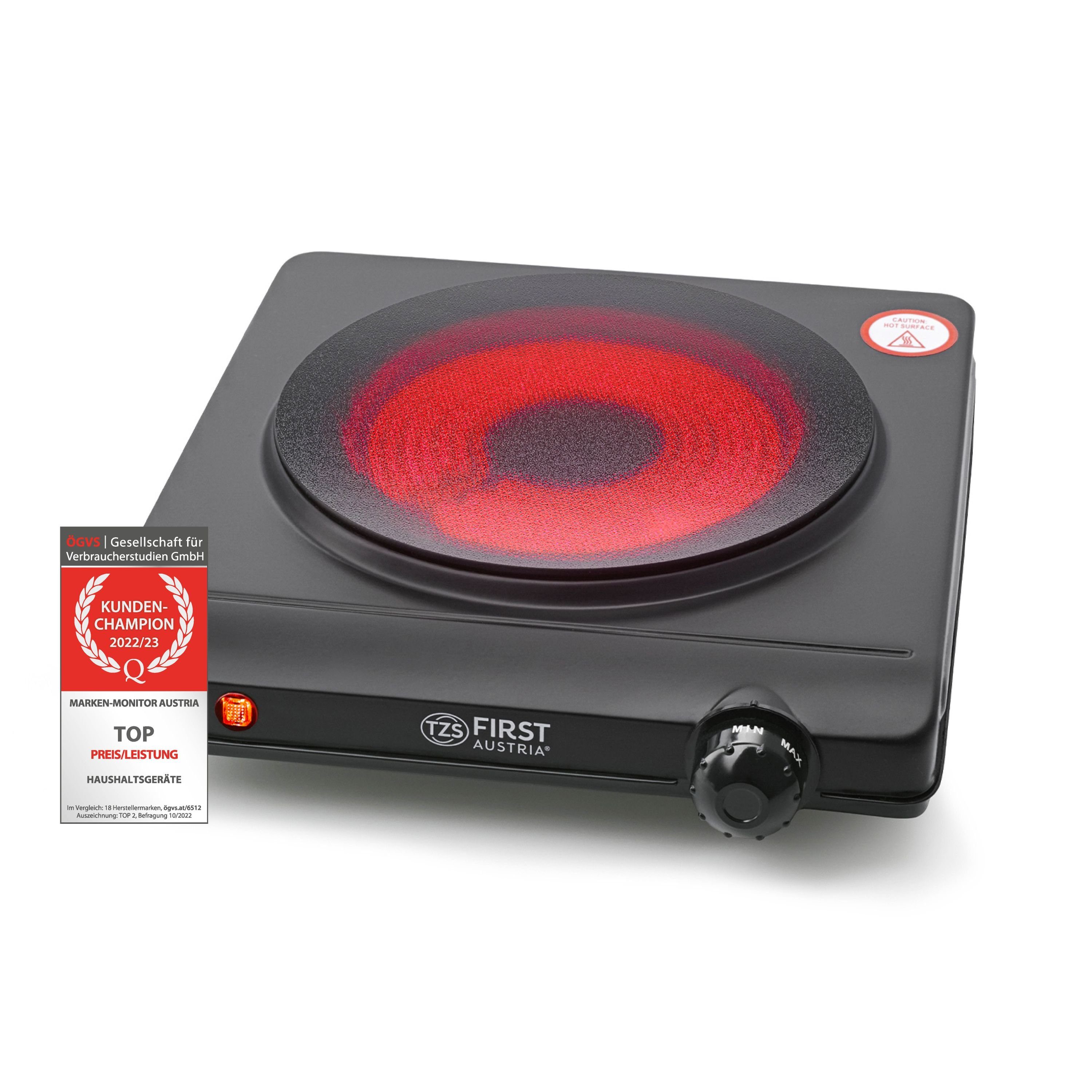 TZS FIRST AUSTRIA Einzelkochplatte Infrarot Kochplatte, 1250W, Keramik, stufenlose Temperaturregelung, Kochfeld Schwarz, Herdplatte für Camping