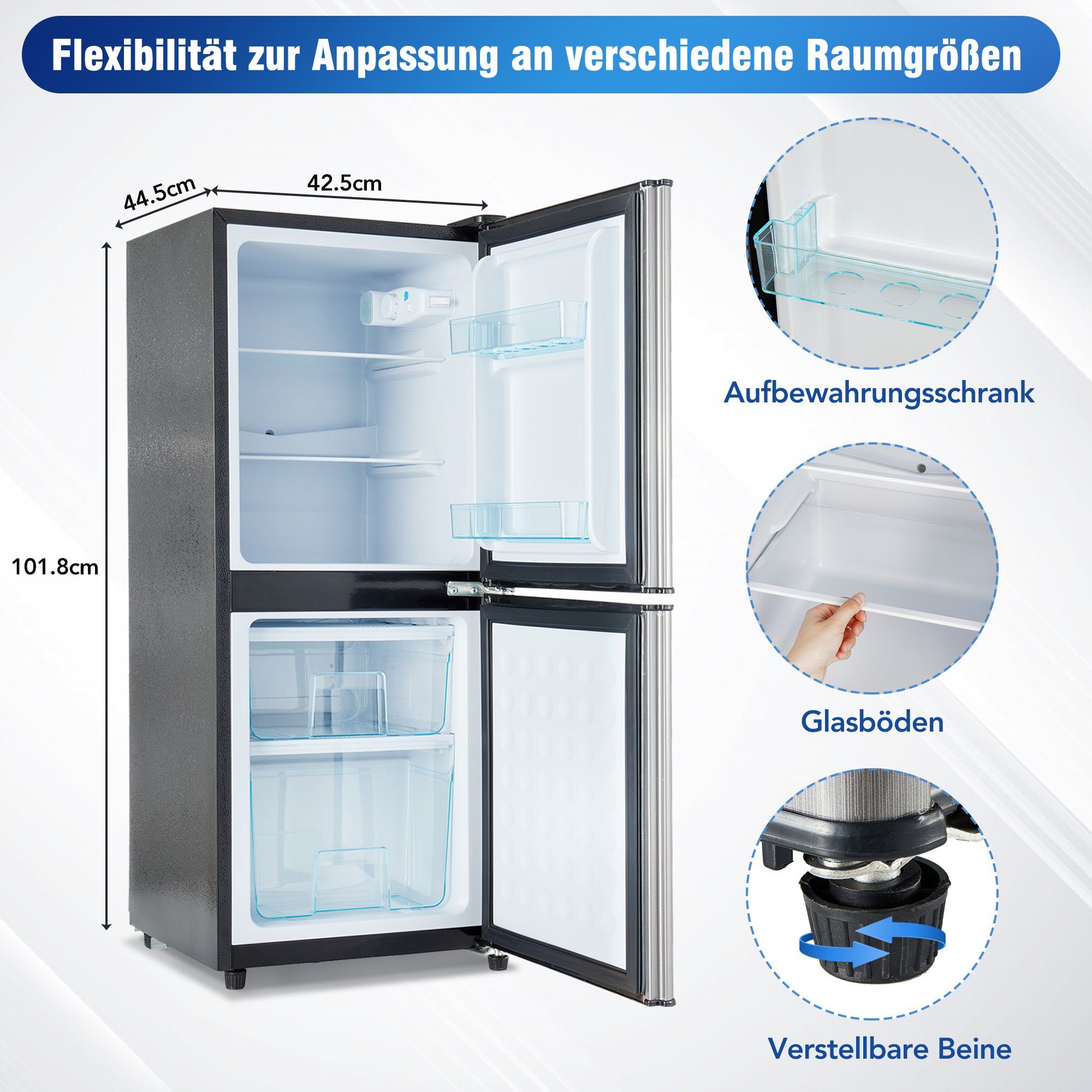 Merax Kühlschrank Kühl-/Gefrierkombination BCD-106W, 101.8 cm hoch, 42.5 cm breit, 106 Liter, LED-Beleuchtung, verstellebare Ablage und Füße