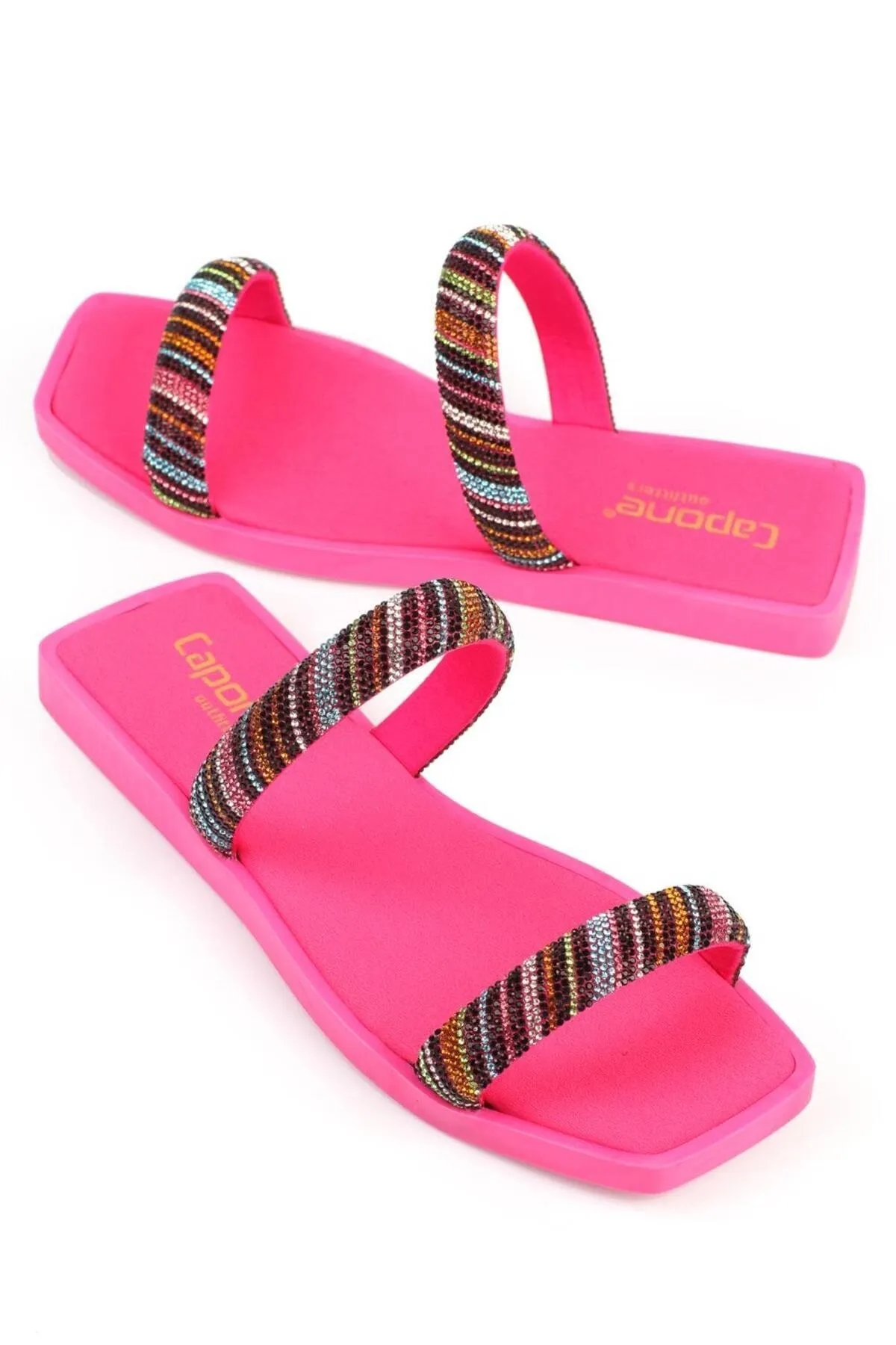 Capone Outfitters  Capone Blunt Toe Stony Banded Flat Heeled Fuchsia Damenhausschuhe