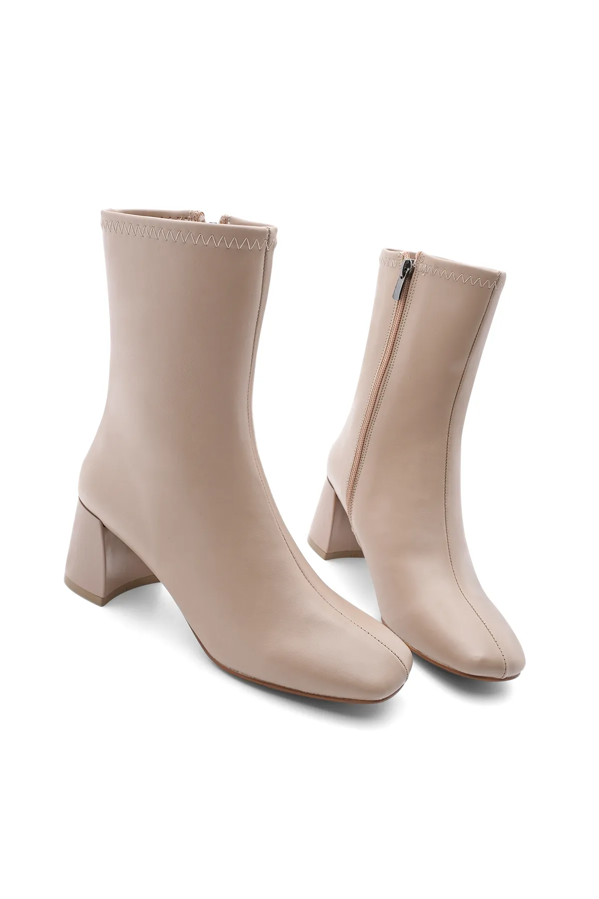 Marjin  Damenstiefel mit Absatz Blunt Toe Reißverschluss Nonas Beige