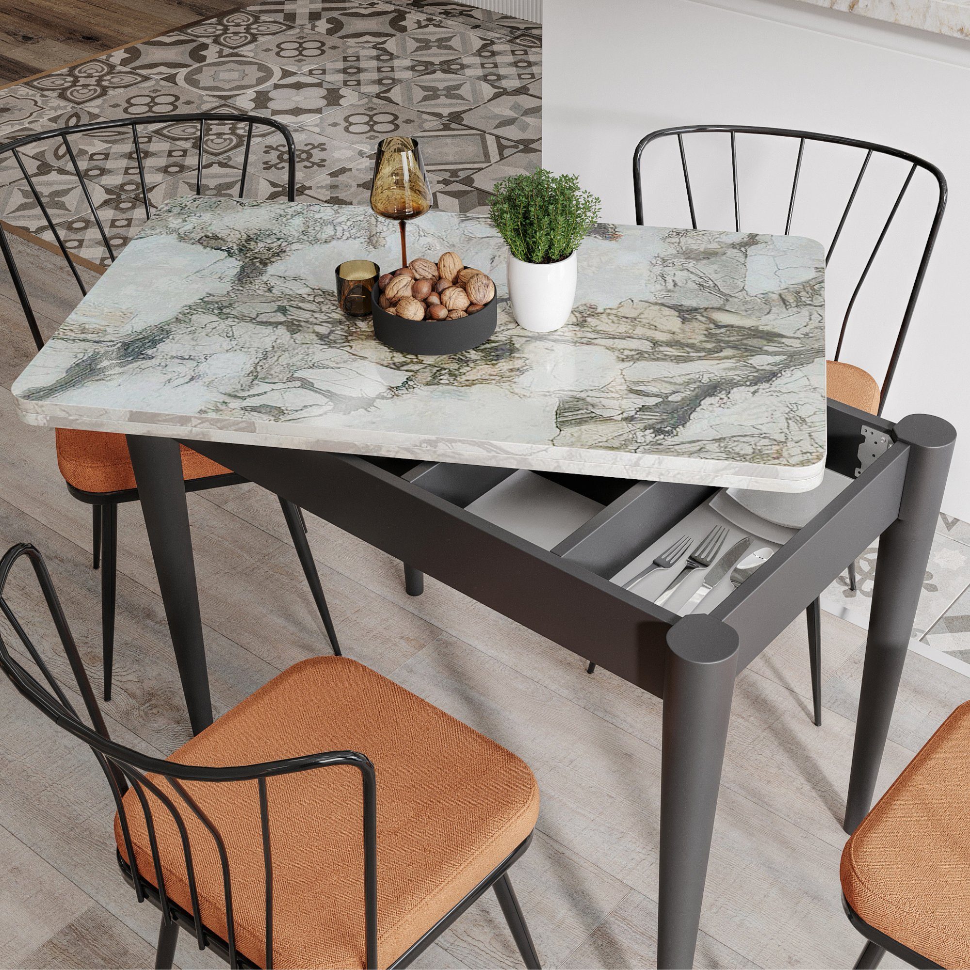 Gozos Küchentisch Gozos Vera & Viso Ausziehtisch Marmor&Holz Optik Küchentisch aus MDF (60 x 100 cm, &, 120 x 100 cm, 1 Tisch)