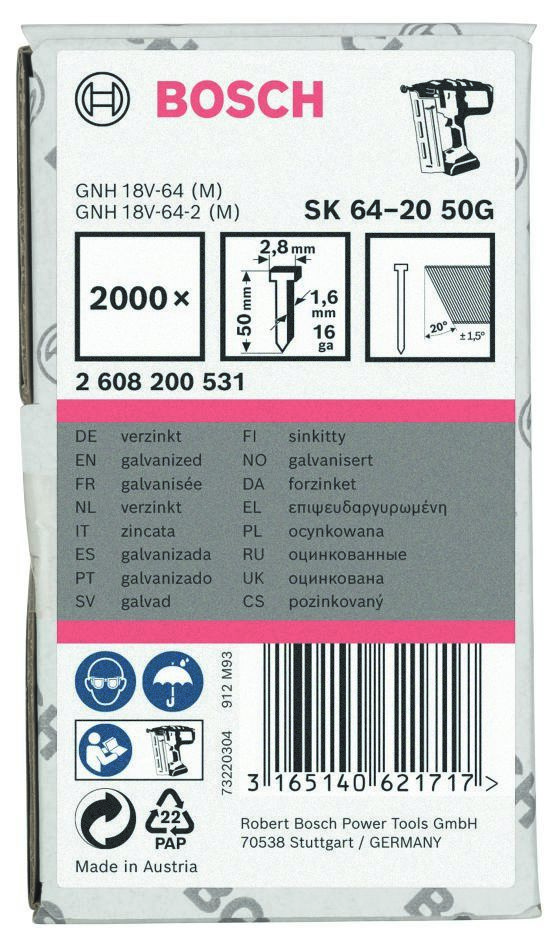 Bosch plavi pribor 2608200531 SK64-20 Čavli 1,6 mm Pocinčani 50 mm 2000 komada