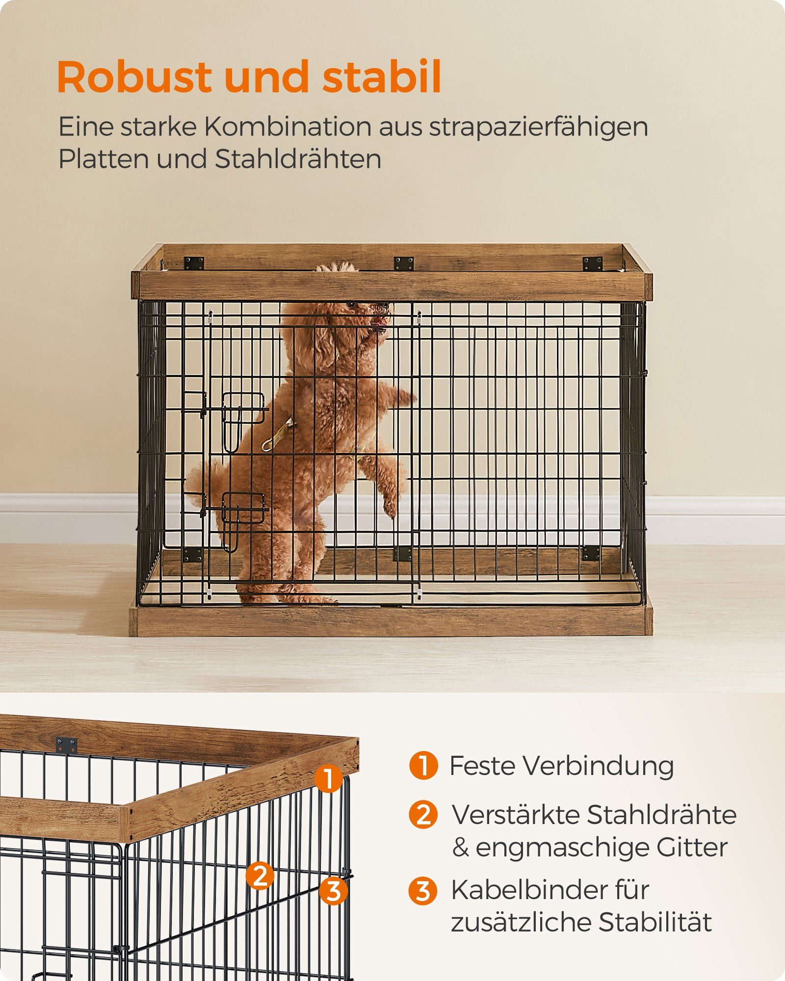 FEANDREA Hundekäfig, L-XXL, Stahl-Gitter, Schiebetür mit 2 Riegeln