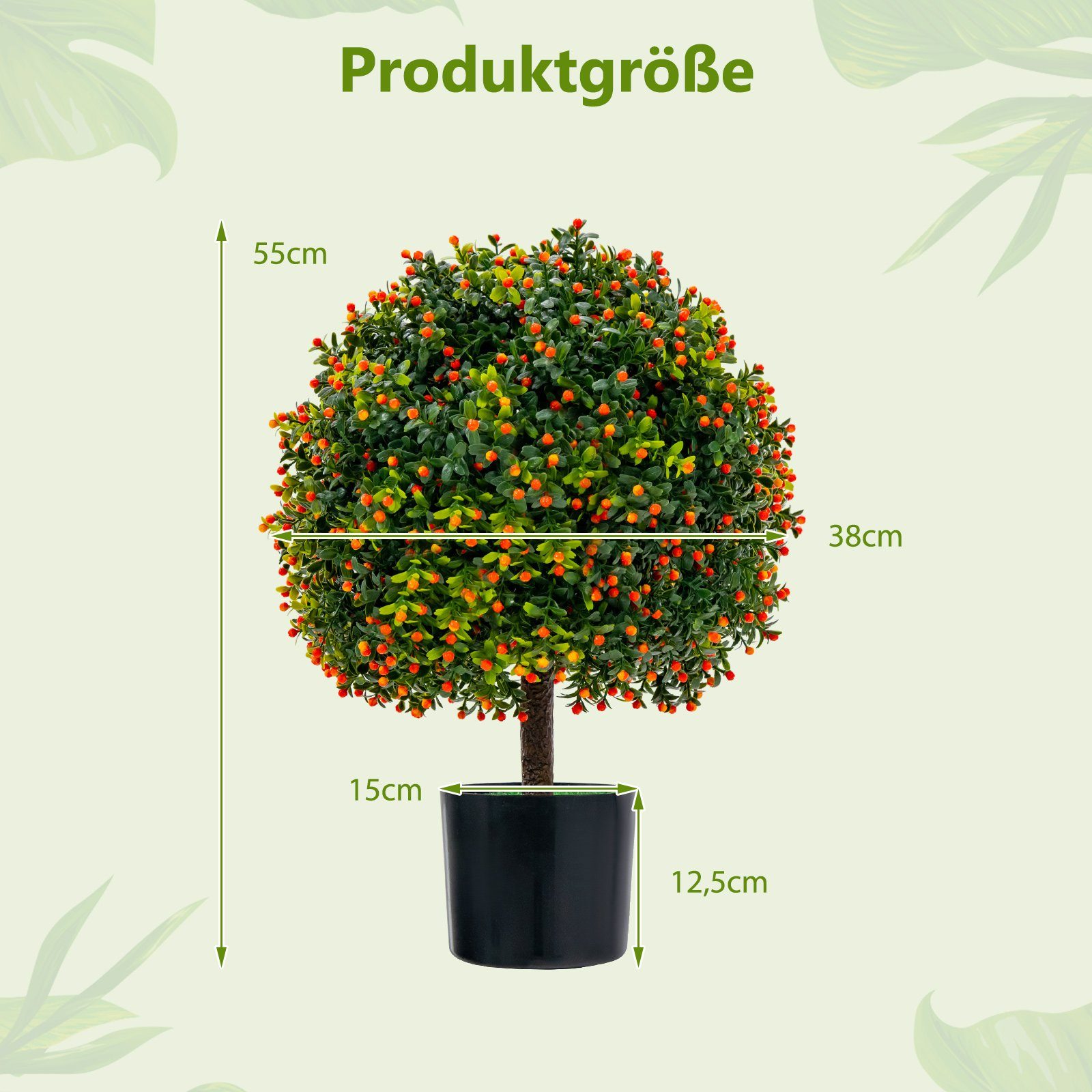 Kunstpflanze Buchsbaum, COSTWAY, Höhe 55 cm, 2er Set, mit Früchten & Topf