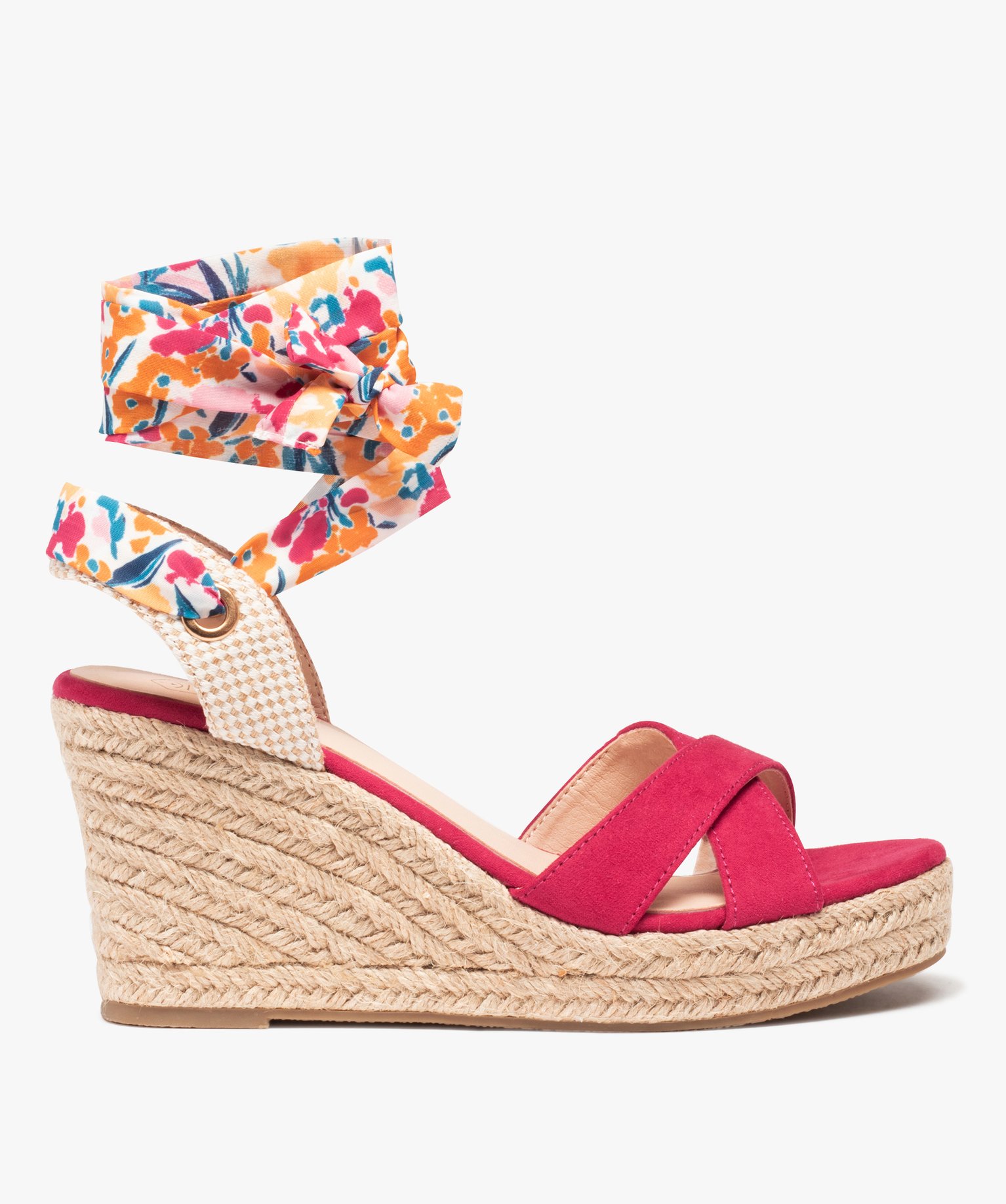 Sandales femme compensées en suédine et bride foulard fuchsia | GEMO