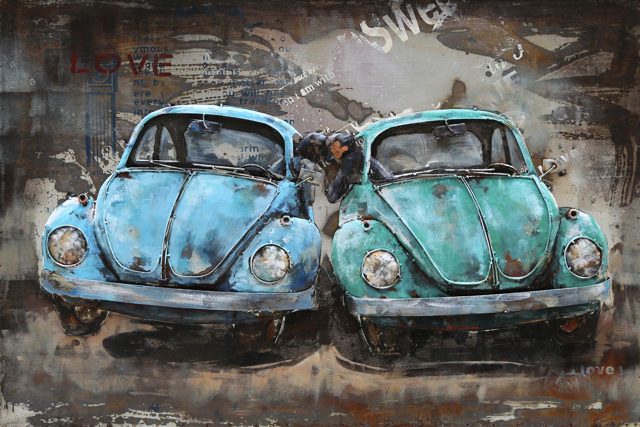 INTERIA Home&Living 3D Metallbild blaue Autos mit Pärchen