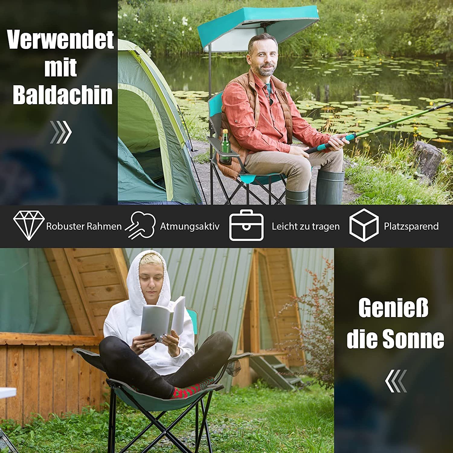 KOMFOTTEU Campingstuhl Klappstuhl, bis 150kg, Türkis