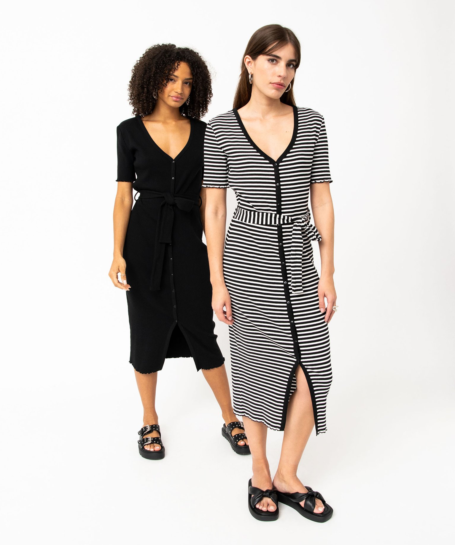 Robe chemise en maille ctelée rayée à manches courtes f... raye | GEMO