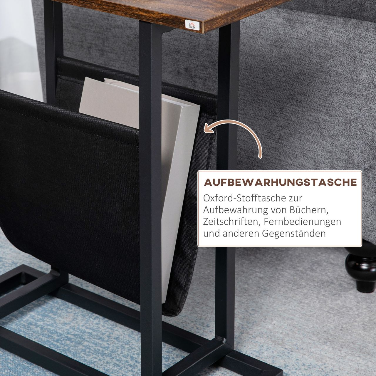 HOMCOM Beistelltisch mit Stofftasche, Sofatisch, Couchtisch, Dunkelbraun