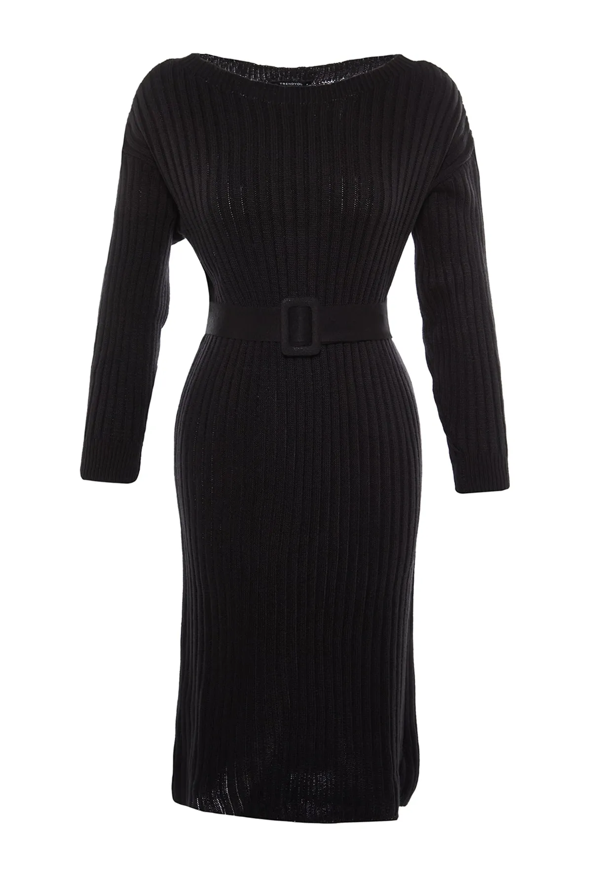 Trendyol Collection  Schwarz Schwarzes Midi-Strickkleid mit Gürtel TWOAW23EL00444 Kleid TWOAW23EL00444