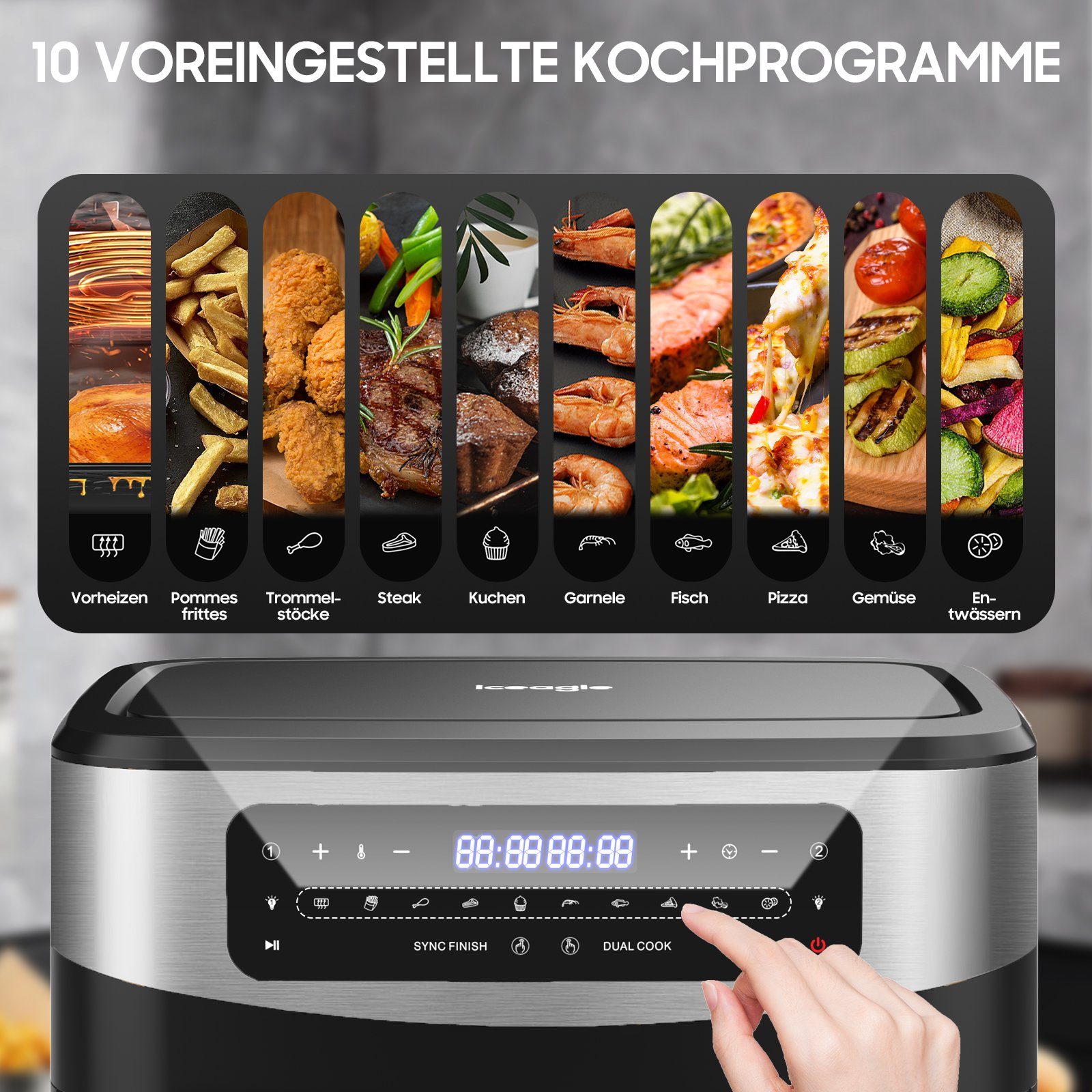 iceagle Heißluftfritteuse 5511D XXL, Air fryer 12L ohne fett, LED Touchscreen,Braten, 2200,00 W, LED Touchscreen, spuelmaschinengeeignet, Sync Finish Funktion, ohne Ol