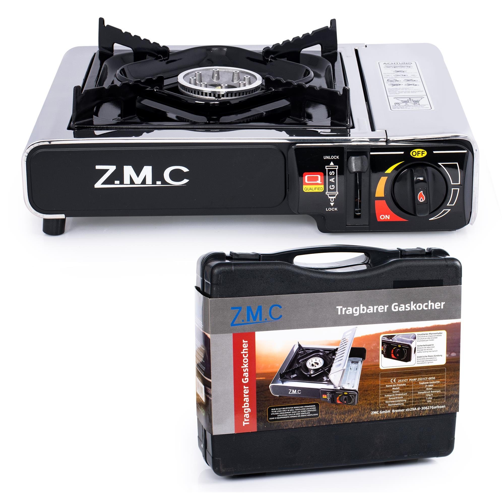 ZMC Gaskocher Edelstahl Campingkocher Gaskocher 1 Flammig, (Wärmeleistung: 2,2KW Tragbarer Kochfeld), Outdoor Camping Gas Kocher Herd Kartuschenkocher + Transportkoffer