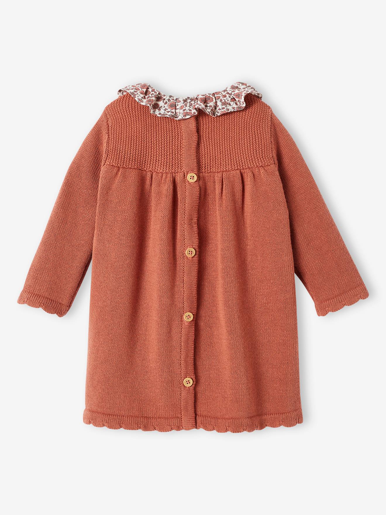 Robe en tricot bébé col en tissu fleuri rouille