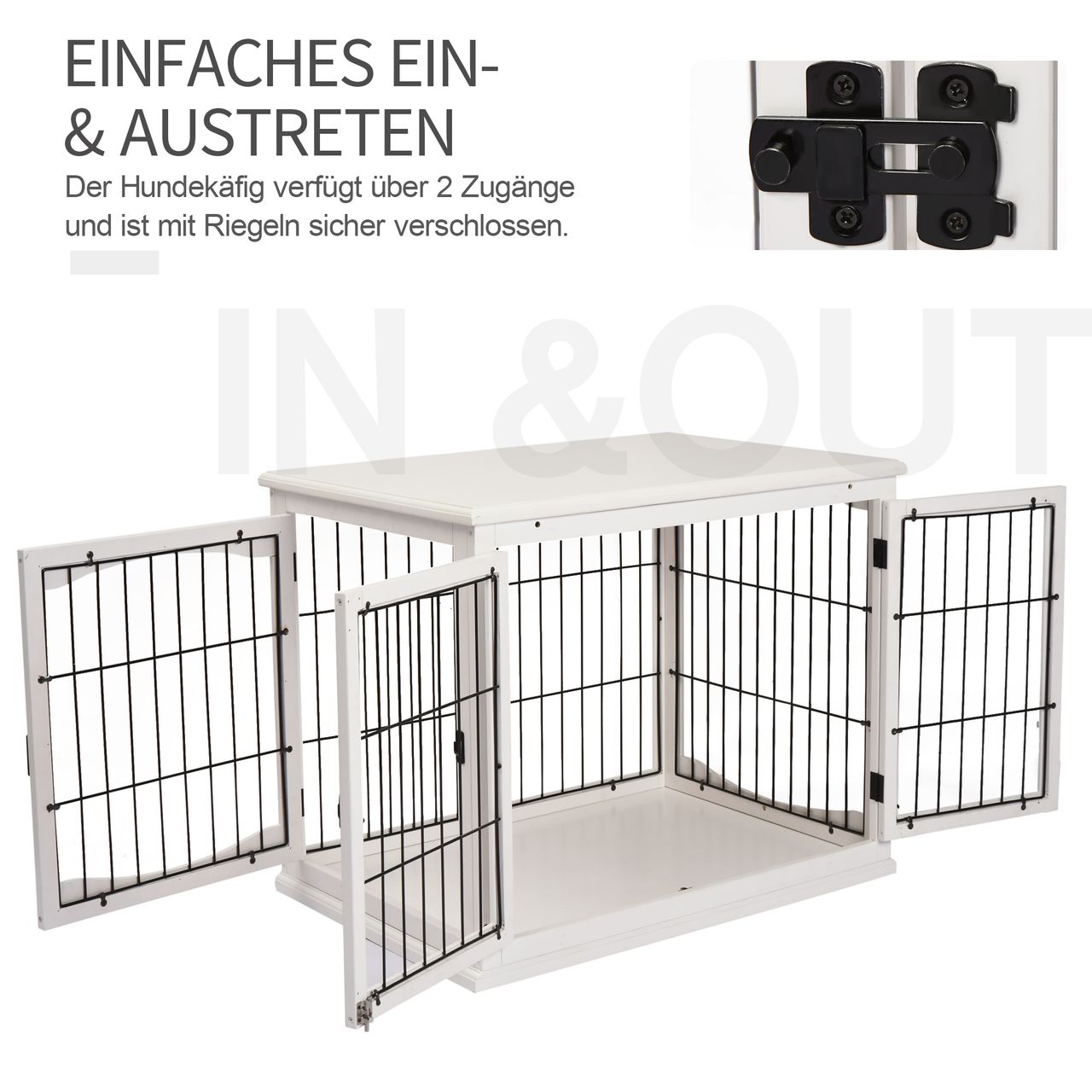 PawHut Hundehütte mit Tischoberfläche, Hundebox für innen, Hundekäfig für Zuhause, 2 Türen, Tierkäfig, Haustier, MDF, Metall, Weiß, 81 x 58,5 x 66 cm