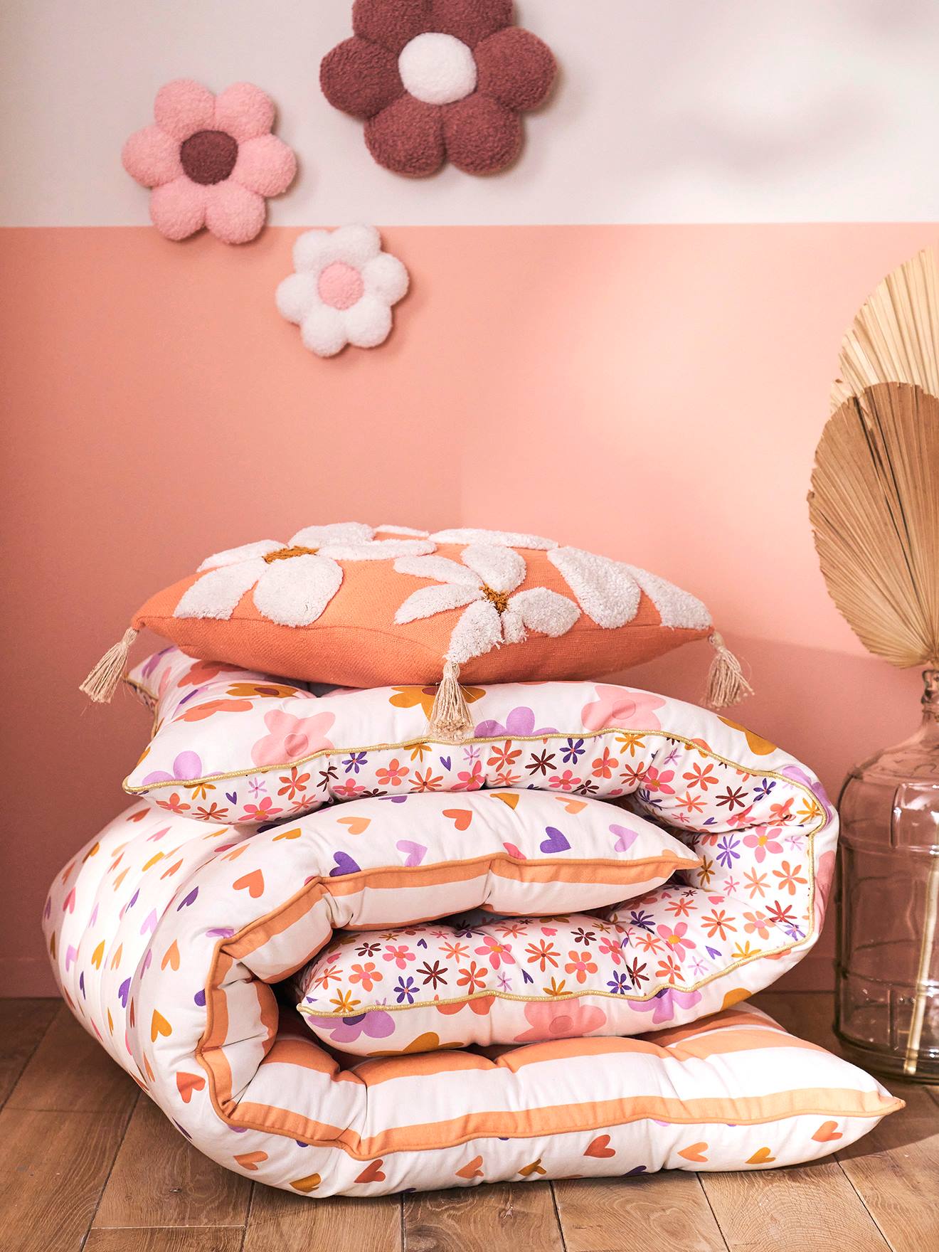 Vertbaudet Kinderzimmer Bodenmatratze POP FLOWER mit Blumen, wendbar - rosa