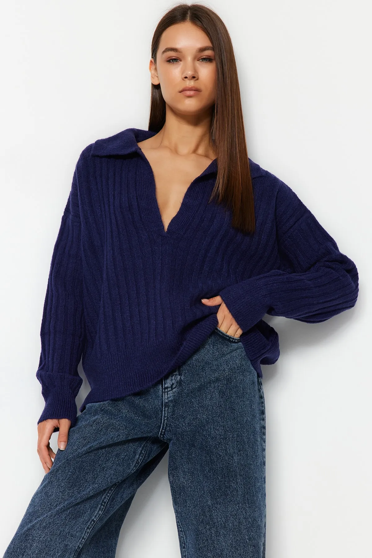 Trendyol Collection  Marineblauer Strickpullover mit weichem Struktur-Polokragen TWOAW24KZ00678