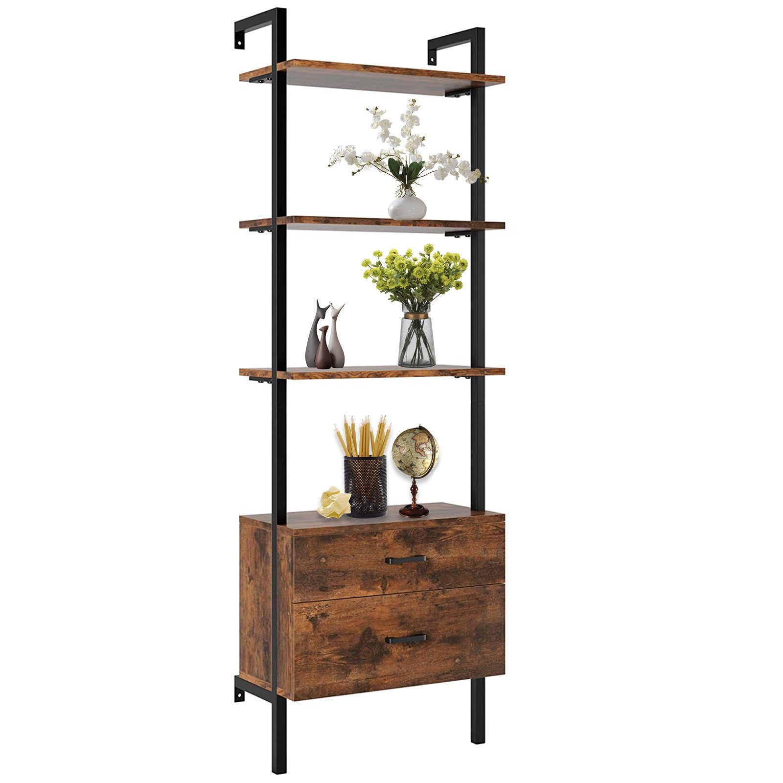 Homfa Leiterregal, Bücherregal 2 Schublade Standregal 3 Ablagen schwarz 185cm