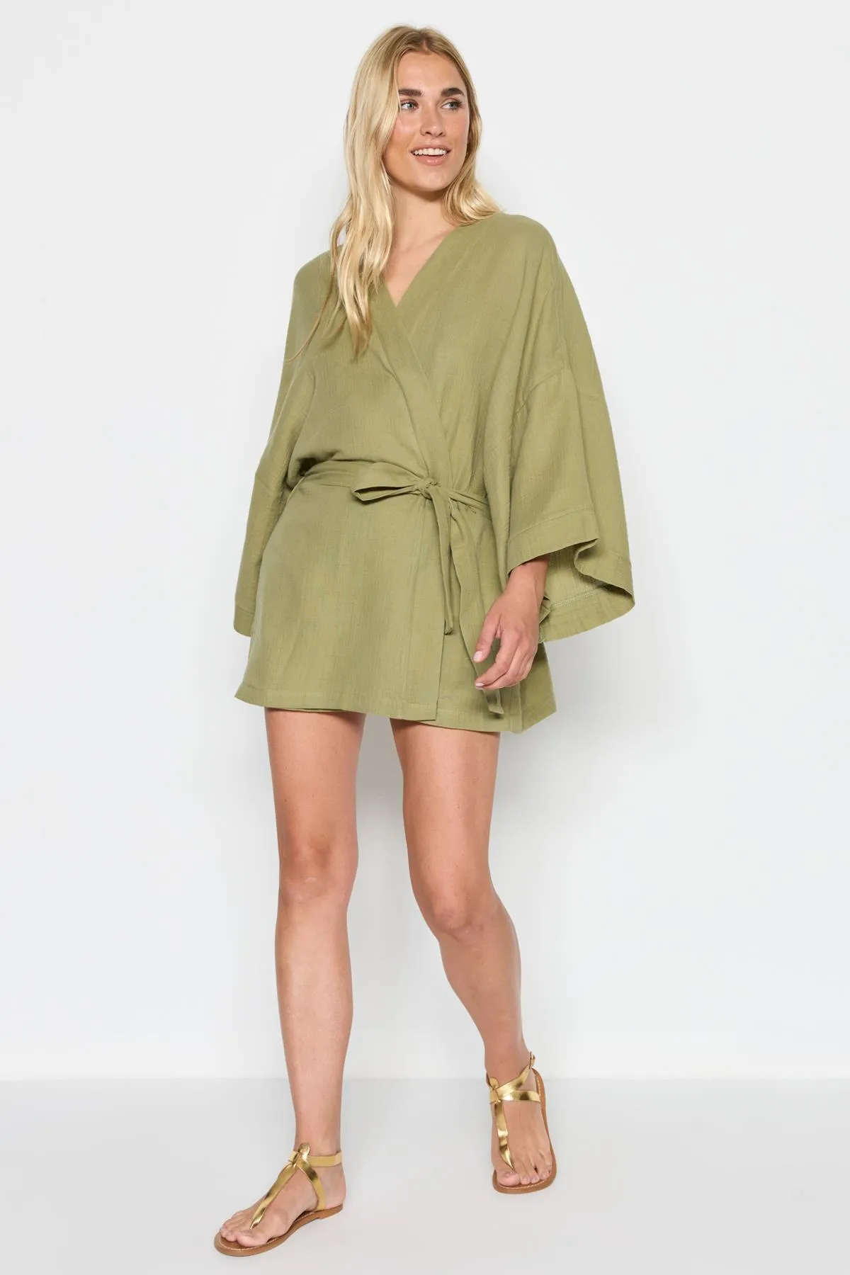 C&City  3-teiliges Kimono-Shorts-Set aus Bio-Baumwoll-Musselin 9121 Khaki
