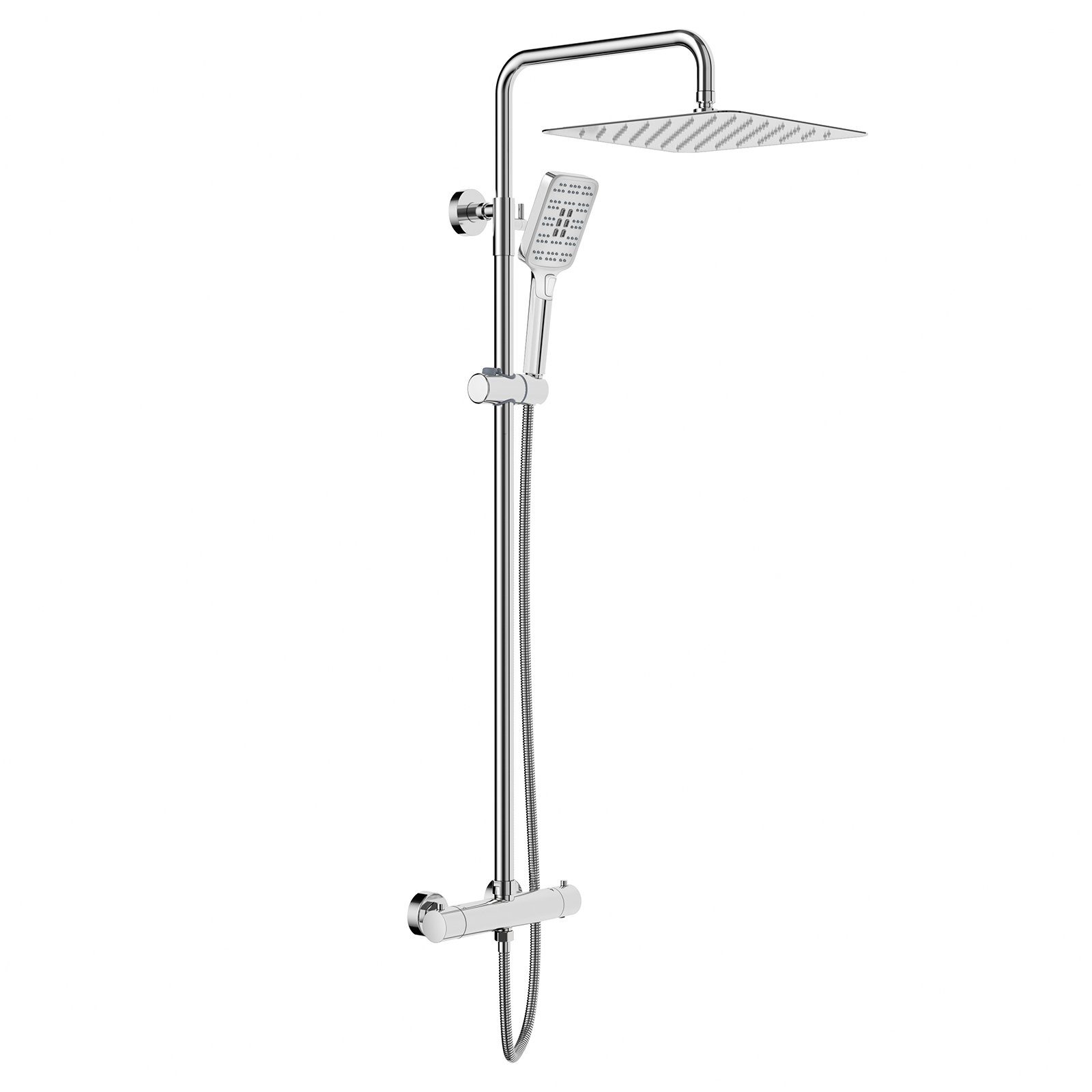 Rainsworth Duschsystem 3 Funktionen Duschsystem ohne Armatur, Höhe 126 cm, Set, Duschset Duschstangeset Duschsäuleset, eckig Regenduschset mit Kopfbrause 20x20cm für Badezimmer, Chrom