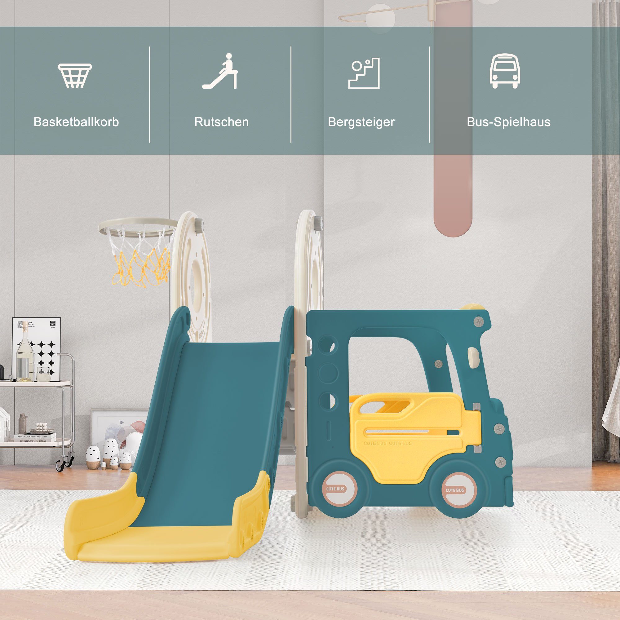 BlingBin Indoor-Rutsche 4-in-1-Kinderrutsche, (1-tlg., Für die Verwendung in Innenräumen), Bus, Rutsche, Aktivitätsleiter, Basketballkorb, passendem Basketball