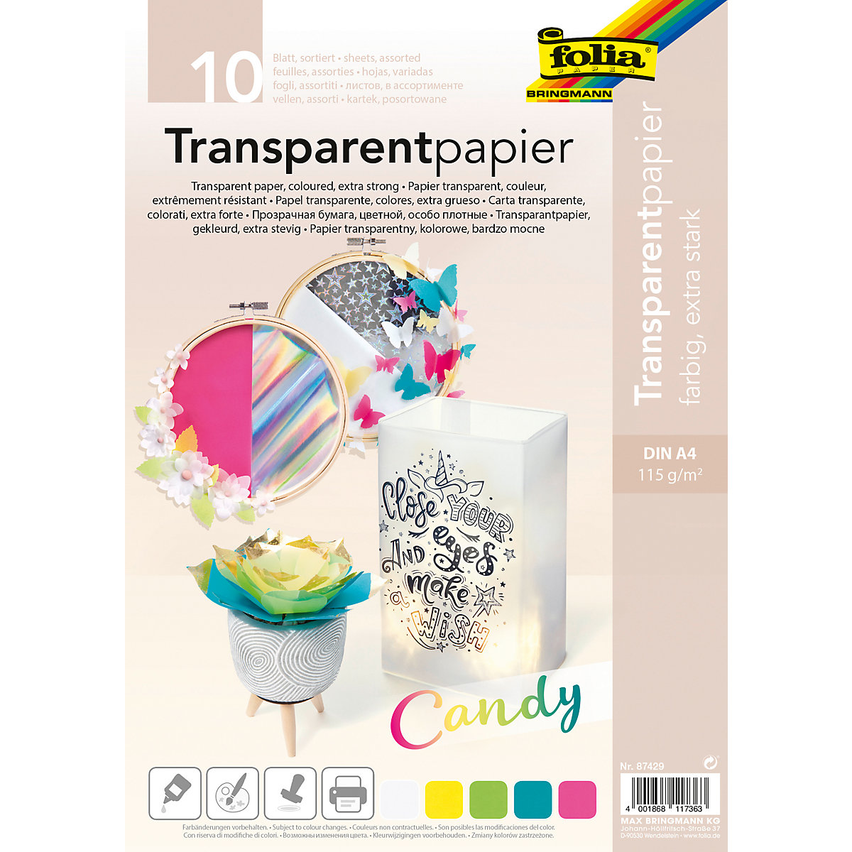 Transparentpapier 115g/m² CANDY, DIN A4, 10 Blatt, 5-farbig sortiert