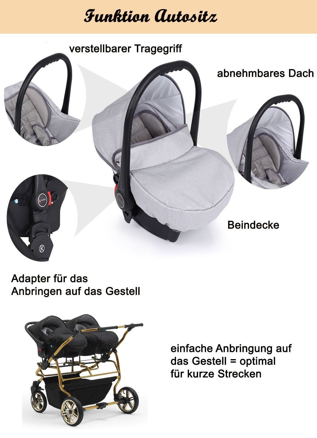babies-on-wheels Zwillingswagen Duet Lux Gold 3 in 1 inkl. Autositze - 13 Teile - in 33 Farben