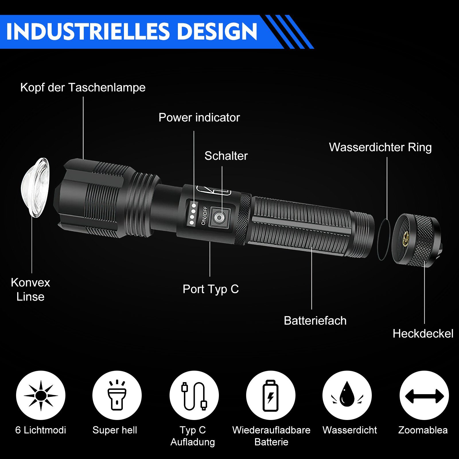 MDHAND LED Taschenlampe USB wiederaufladbare taktische (1-St), Mit COB-BELEUCHTUNG