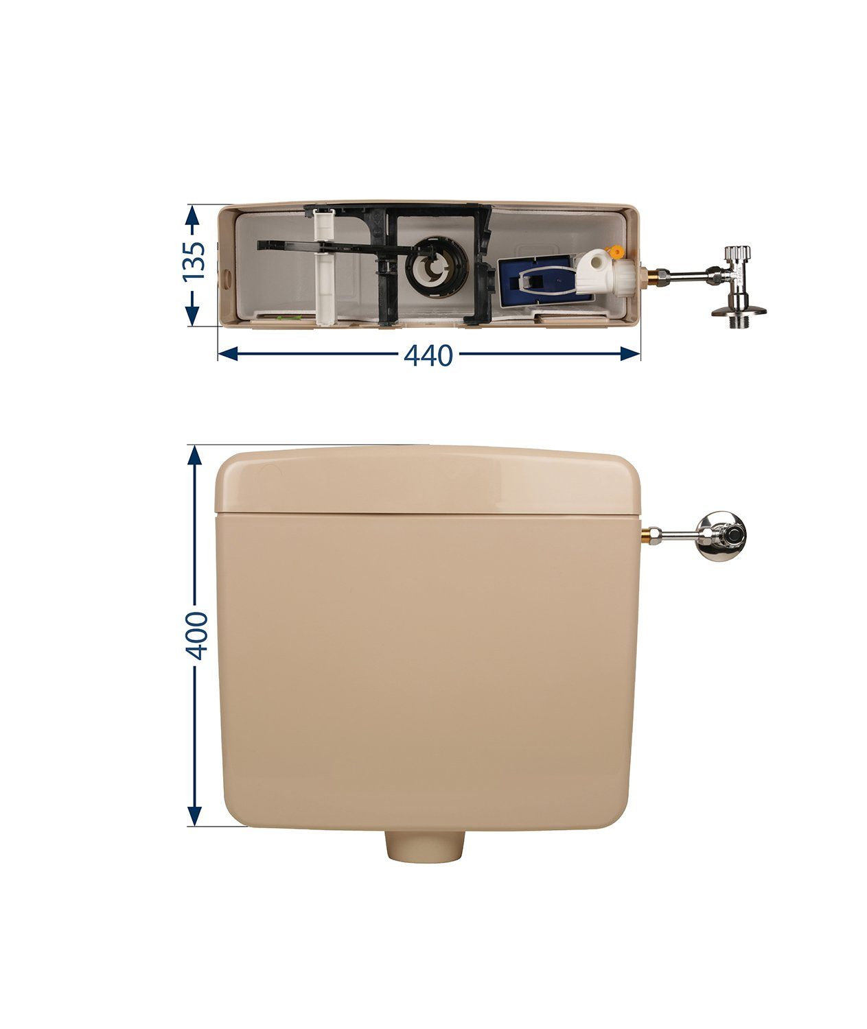 SANITOP WINGENROTH Spülkasten Opal, 9 l, Komplett-Set, Anschluss links oder rechts, Anschlussset hinten separat, Aufputz, Beige-Bahamabeige, Spül-Stopp Taste, Sparspülung, 210225