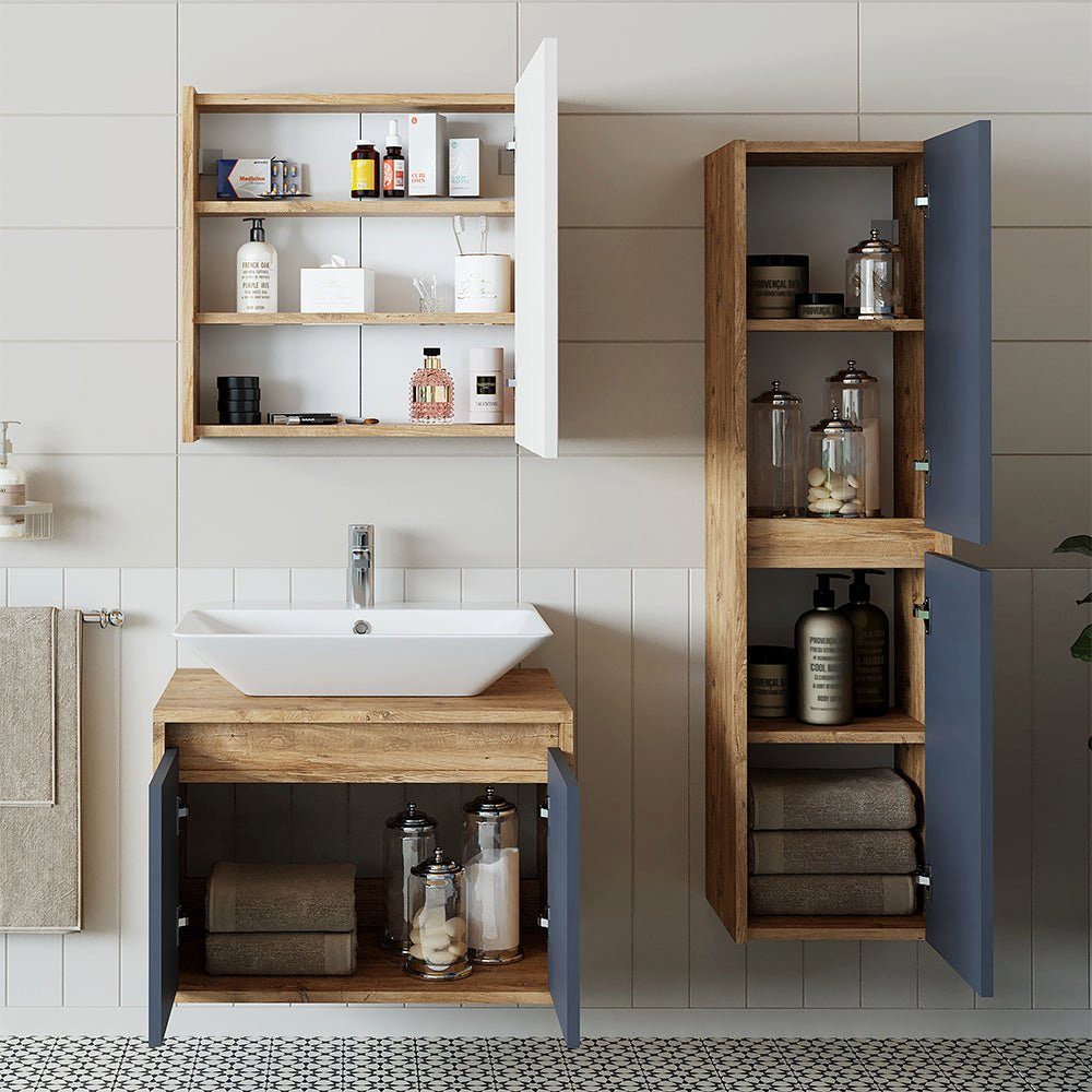 Roomart Badmöbel-Set, (Badmöbel Set 65cm Unterschrank Waschbecken Spiegelscrank Hochschrank)