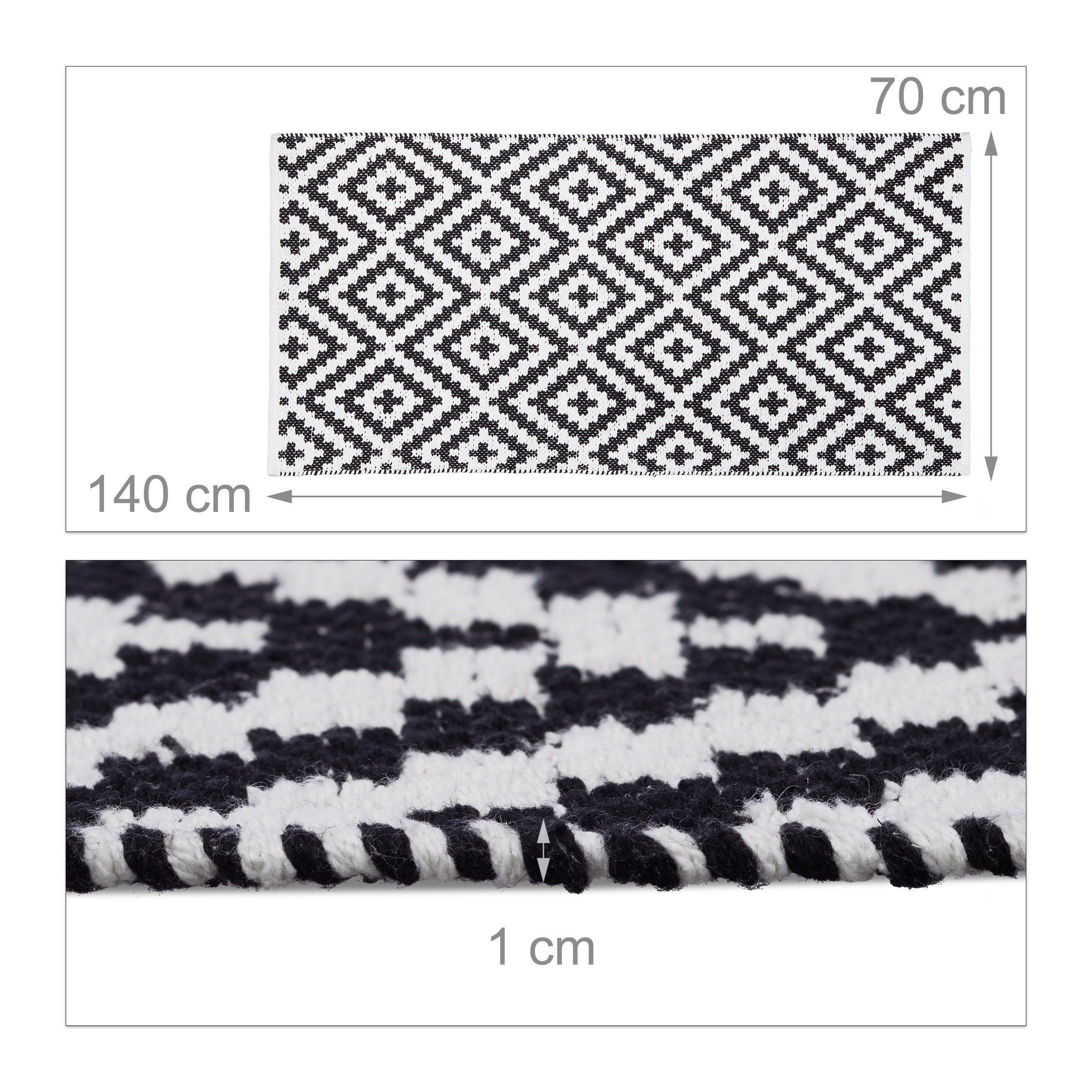 Läufer Teppich Baumwolle schwarz weiß, relaxdays, Höhe: 10 mm, 70x140cm