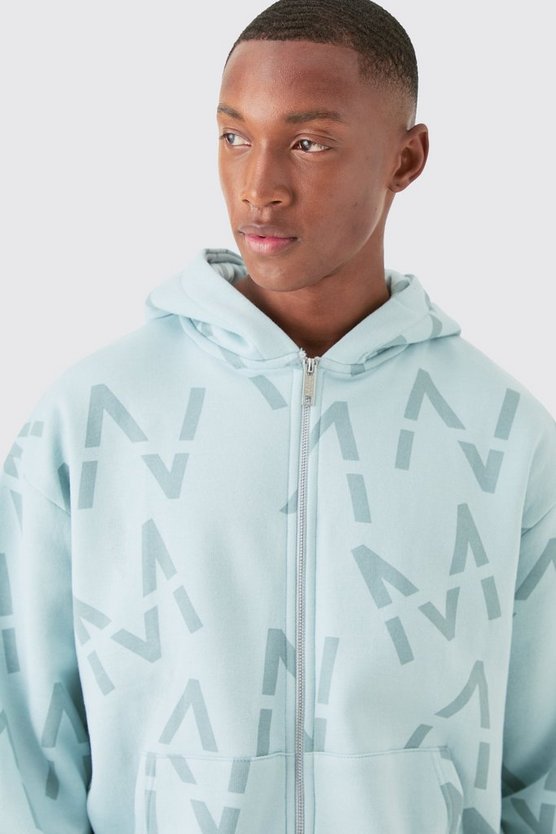 Kurzer kastiger Man Hoodie-Trainingsanzug mit Print und Reißverschluss