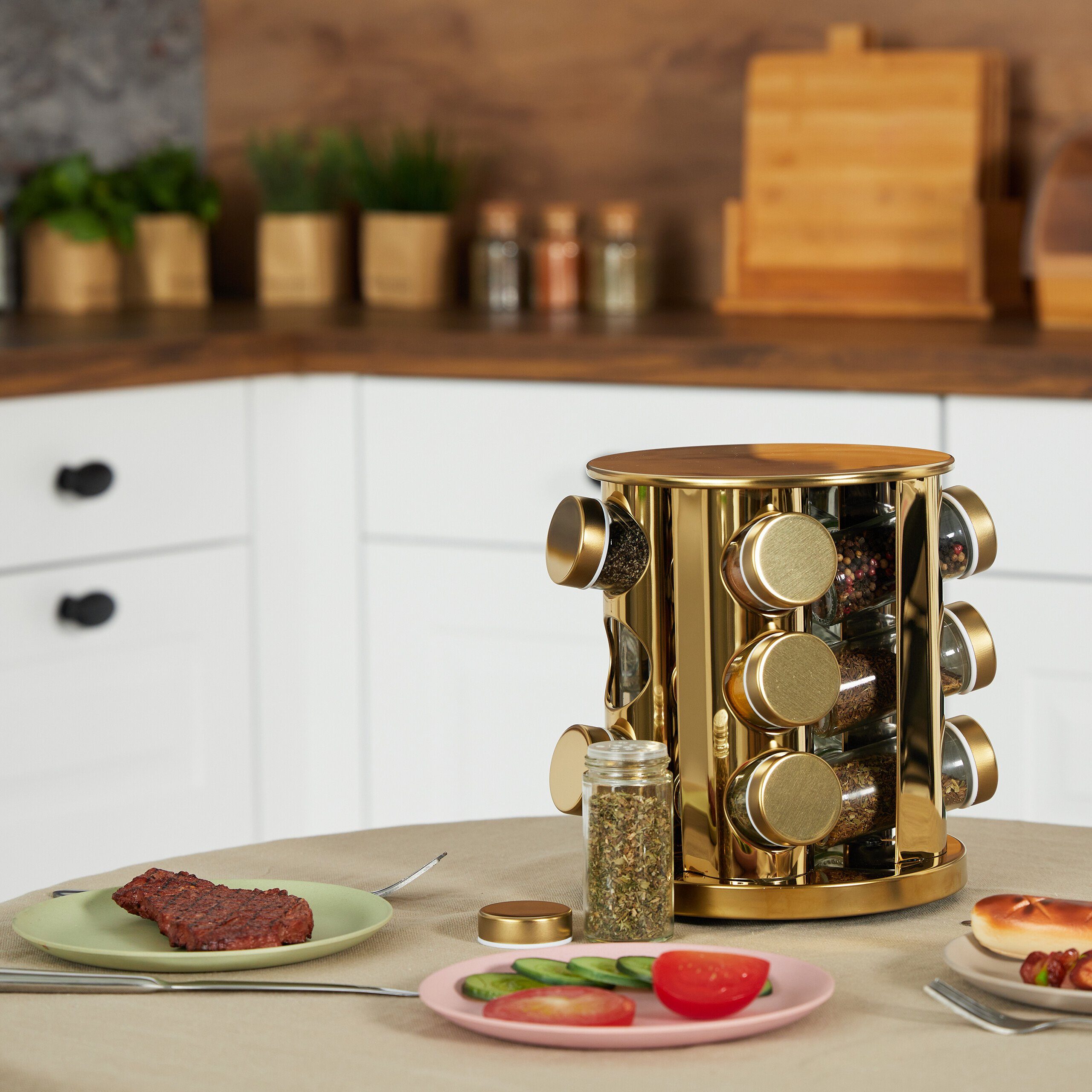 relaxdays Gewürzkarussell Goldenes Gewürzkarussell mit 12 Gläsern