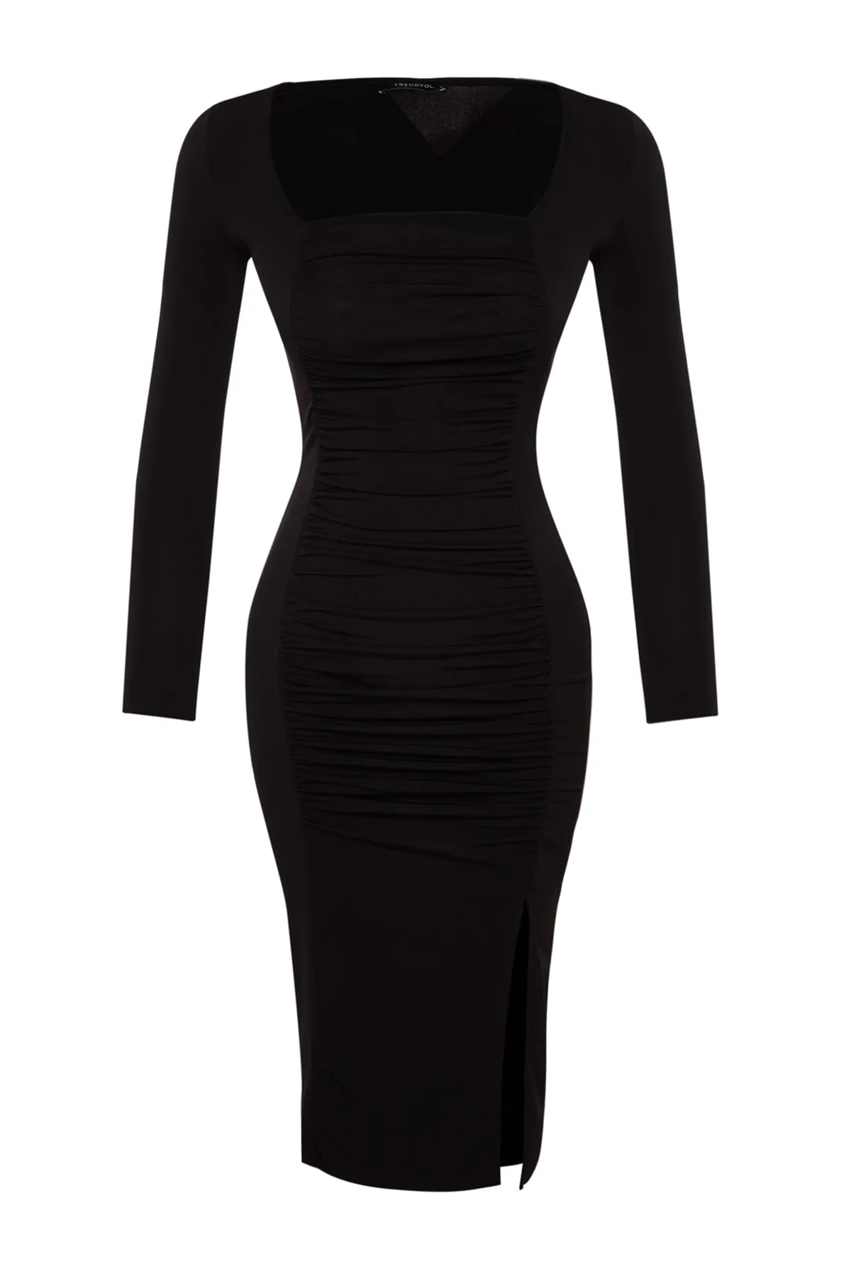 Trendyol Collection  Schwarzes, gerafftes, figurbetontes, langärmliges, dehnbares Midi-Strickkleid mit quadratischem Ausschnitt TWOAW24EL00598