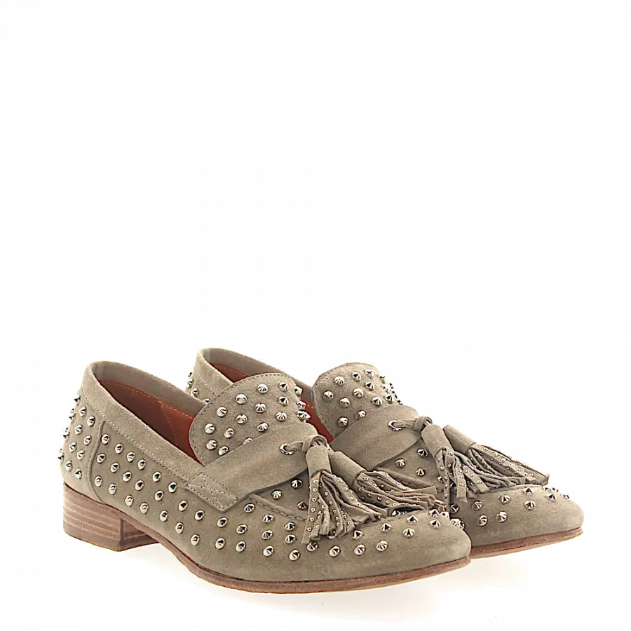 Rossano Bisconti - Tassel Loafer 2002 Veloursleder taupe Nieten silber - grau
