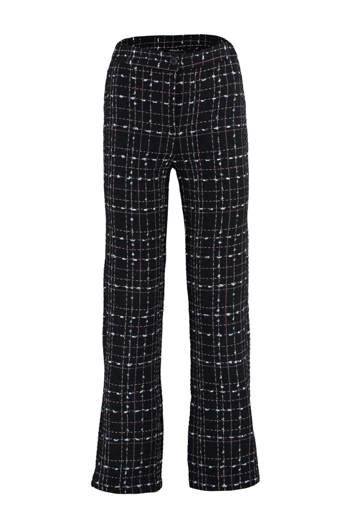 Trendyol Collection  Schwarze gewebte Hose mit hoher Taille und Karomuster aus Tweed und Zigaretten-Tweed TWOAW23PL00046