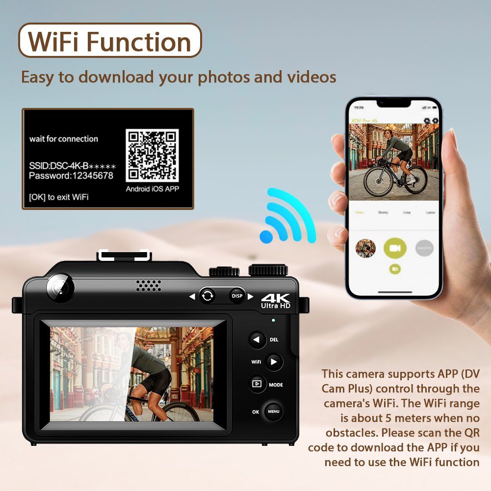 A Ade Digitalkamera 4K HD 1080P Fotokamera Doppelkamera Kompaktkamera (48 MP, WLAN (Wi-Fi), inkl. 8 integrierte Farbfilter, 18X digitaler Zoom, 64 GB TF-Karte)