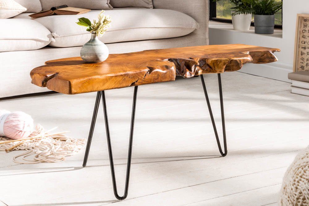 riess-ambiente Couchtisch WILD 100cm natur / schwarz, Wohnzimmer · Massivholz · Baumscheibe · Metall · Hairpin Legs