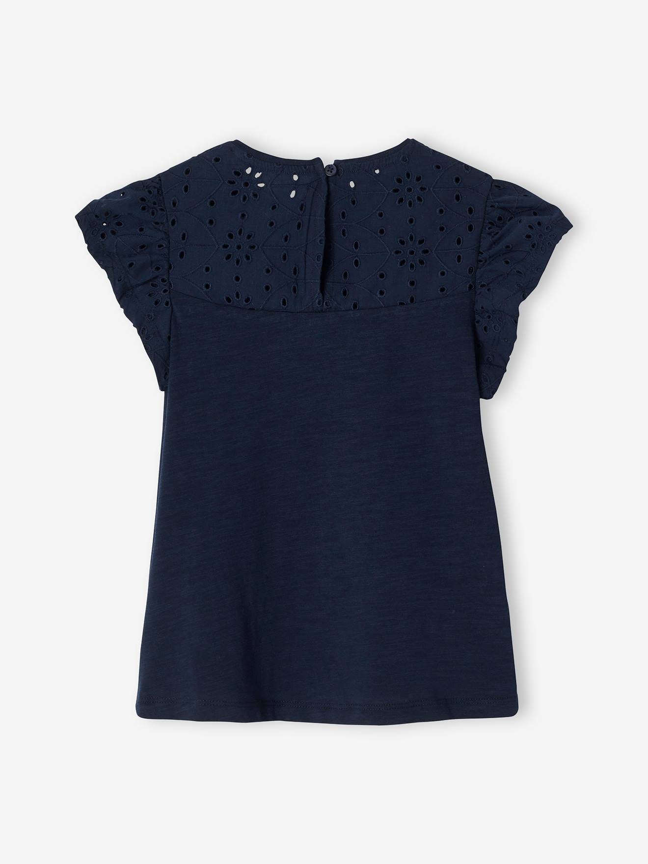 T-shirt fille avec détails broderie anglaise bleu marine