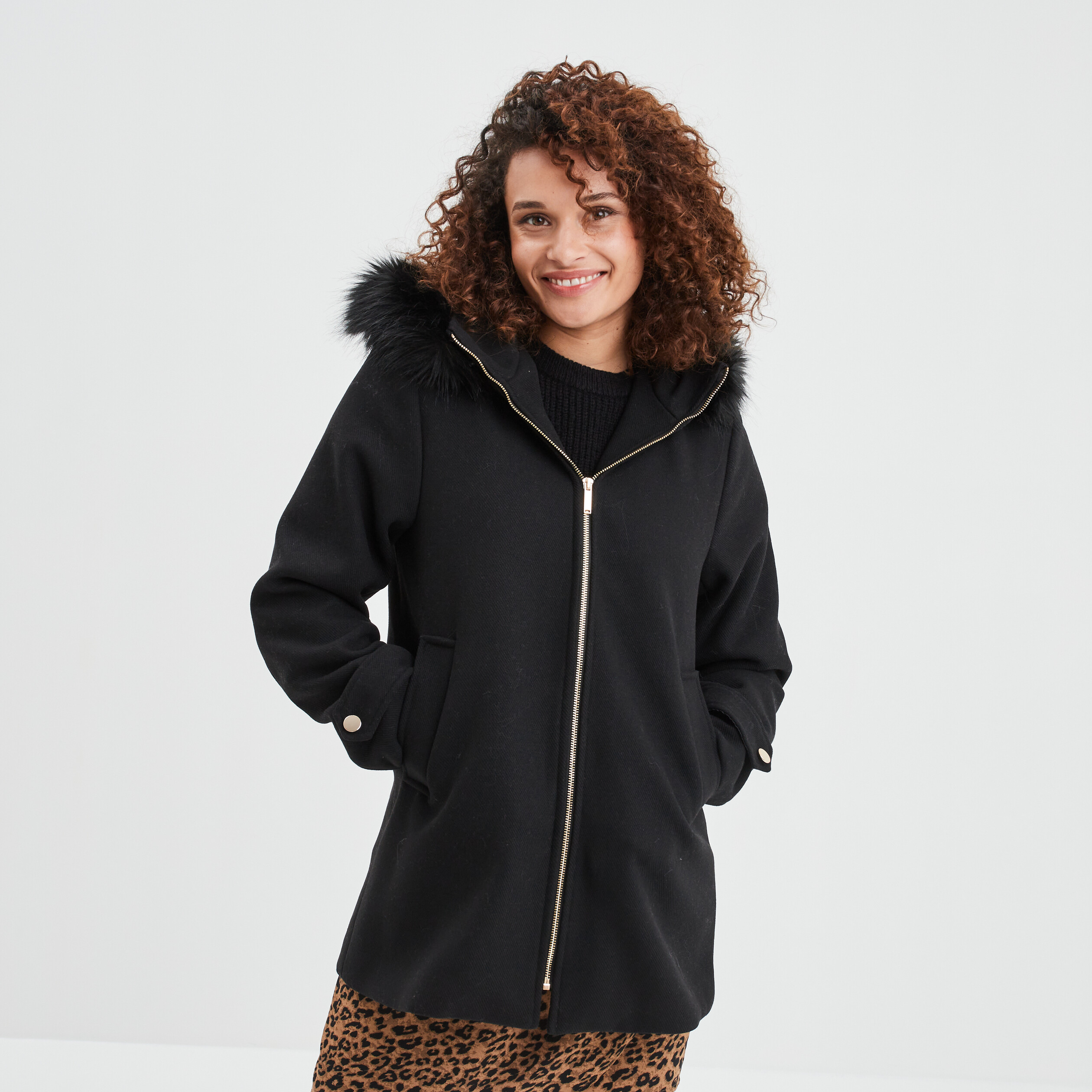 Manteau zippé à capuche fausse fourrure noir femme | La Halle