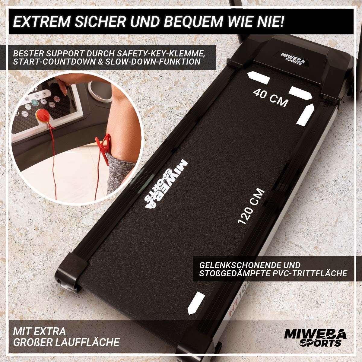 Miweba Sports Laufband Profi Sportgerät HT1000F - 16 km/h - 6% Steigung - klappbar (Treadmill, Trainingsgerät, Fitnessgerät, Heimtrainer, Speedrunner, Fitness, Workout, 1-tlg., 120 kg Traglast, 12 Laufprogramme, 4 Quick-Speed Programme, Steigungsvers