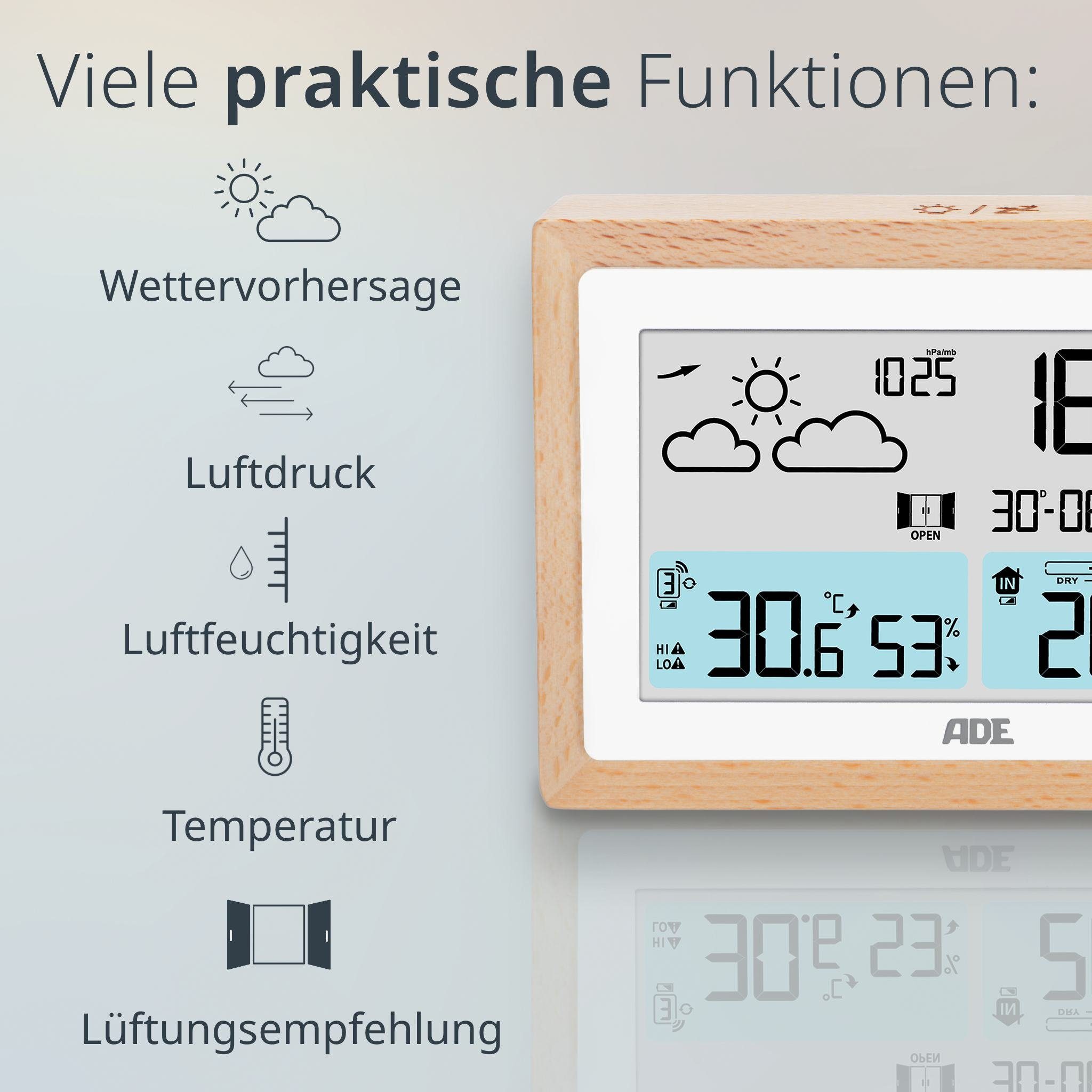 ADE Digitale Wetterstation Funk mit Außensensor und Vorhersage Funkwetterstation (Rahmen aus Vollholz, mit Barometer und Funkwecker, Beleuchtung)