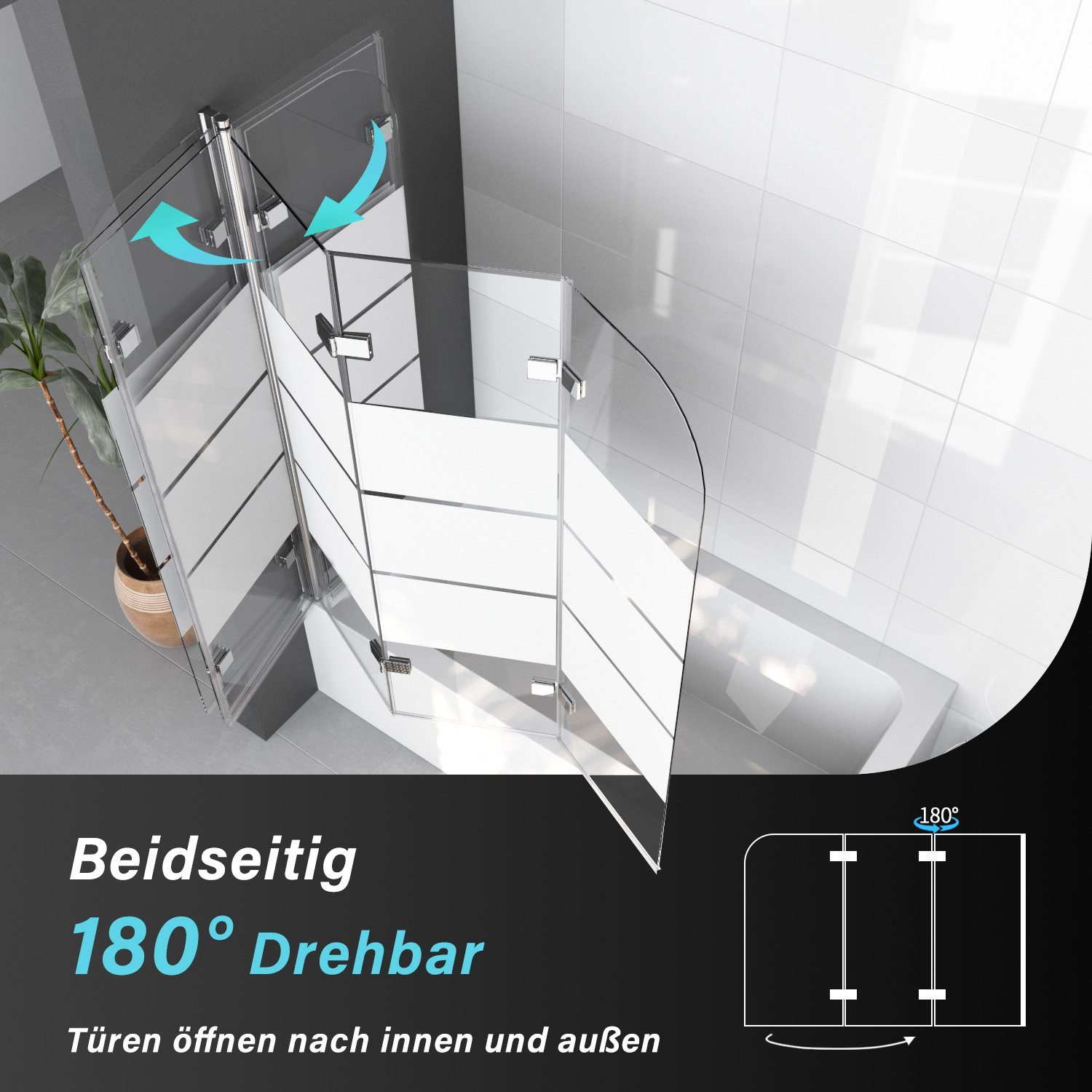 Boromal Badewannenaufsatz 140x140 130x140 120x140 3 teilig faltbar Duschwand für Badewanne Glas, 5mm Sicherheitsglas, Milchglas, verstellbar Alu Wandprofil, komplett faltbar, 180° schwenkbar, Rechts-und Links montierbar