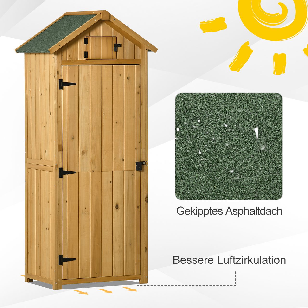 Outsunny Gartenschrank Geräteschuppen mit Fachböden Asphaltdach Holz Gelb
