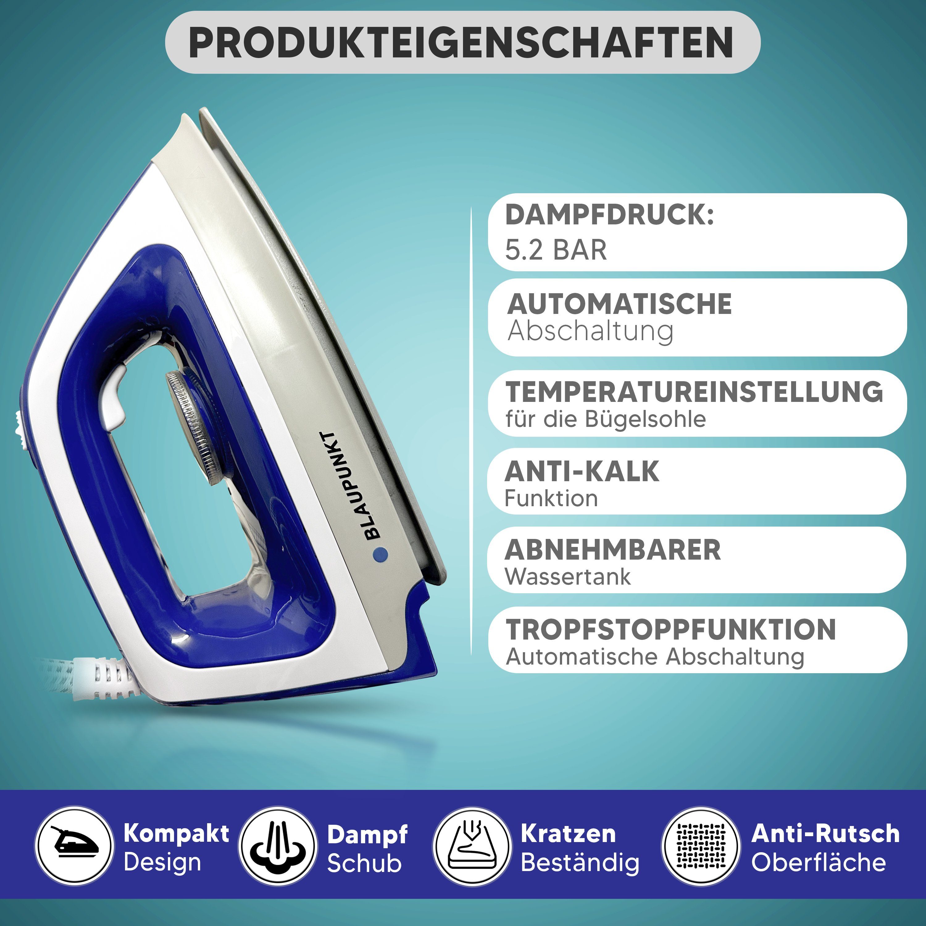 Blaupunkt Dampfbügelstation MEN803 Dampfbügelstation 2250W Bügelstation 5.2 Bar Dampfstoß 280g, 1,2 L Tank abnehmbar, Keramiksohle Bügeleisen Dampf, Dampfbügeleisen