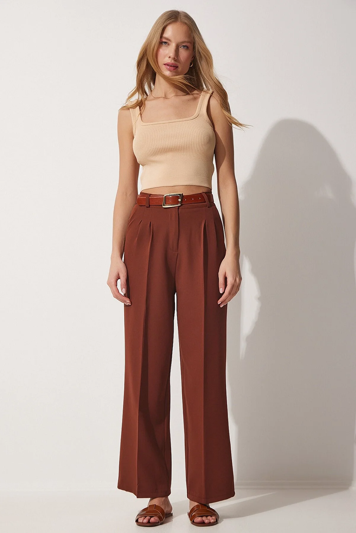 Happiness İstanbul  Braune, maskuline Webhose mit weitem Bein für Damen HG00001