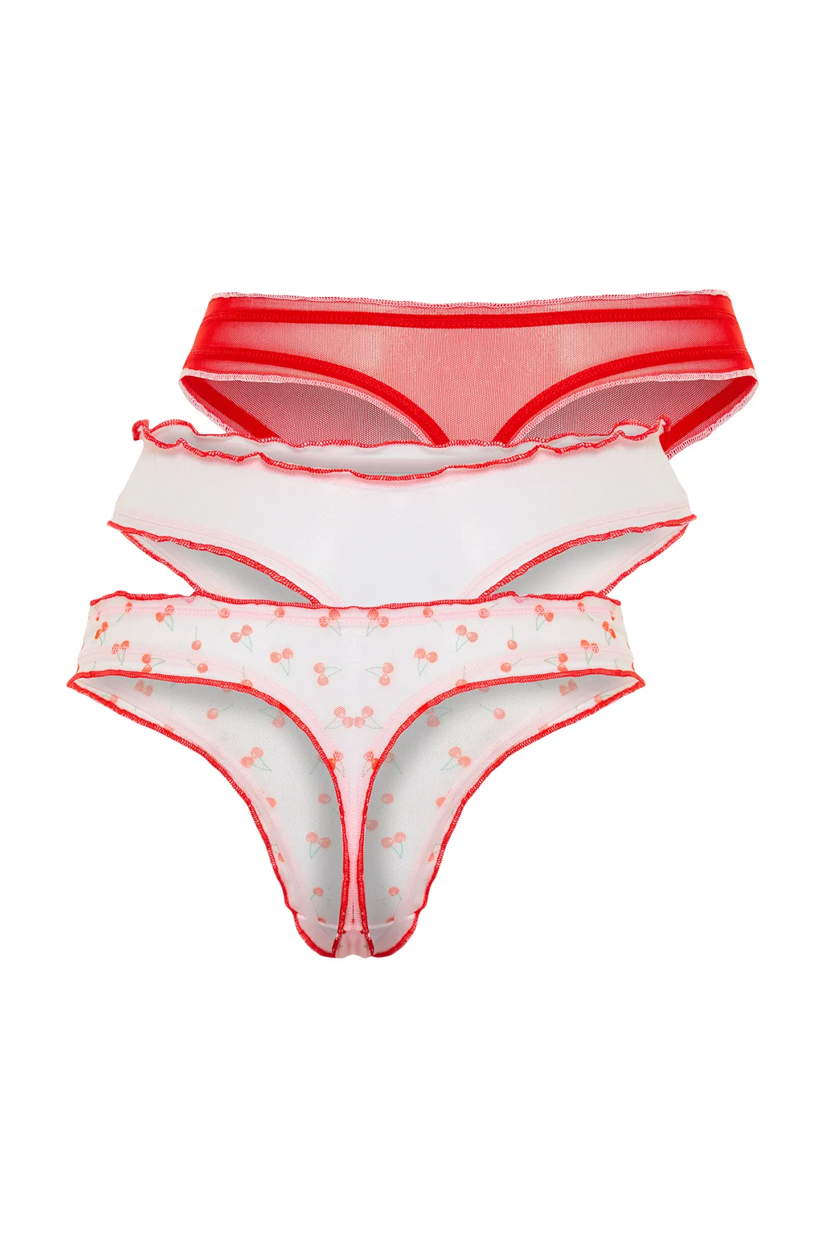 Trendyol Collection  3er-Pack gestrickte Tanga-Höschen mit Tüll-Print in Rosa-Mehrfarbig THMSS24KU00002