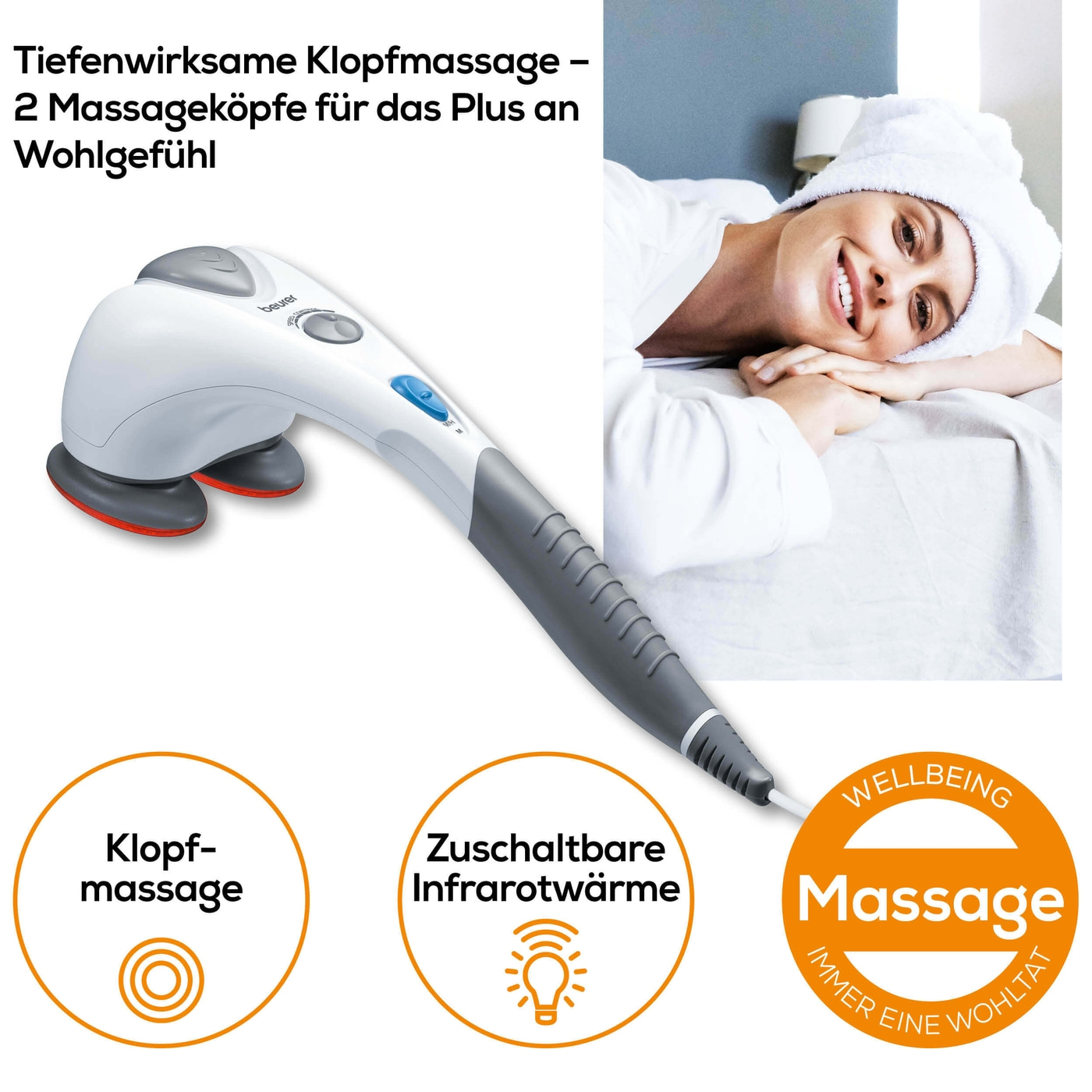 Beurer Infrarot-Massagegerät MG 80-Massagegrät mit Doppelkopf-Massage, Infrarotwärme & 2 Aufsätzen