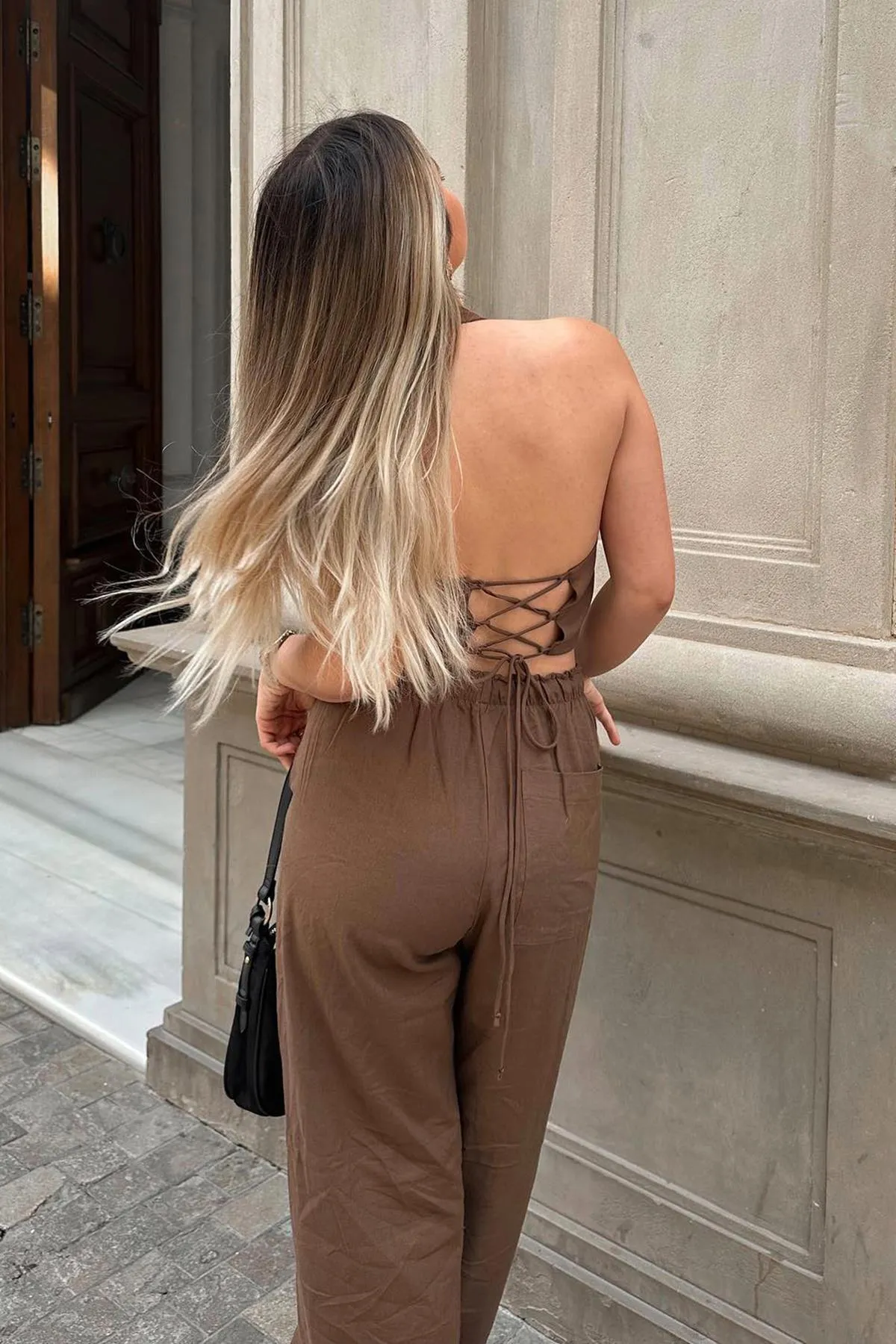 Madmext  Braune Stoffhose mit weitem Bein und Kordelzug MG1950